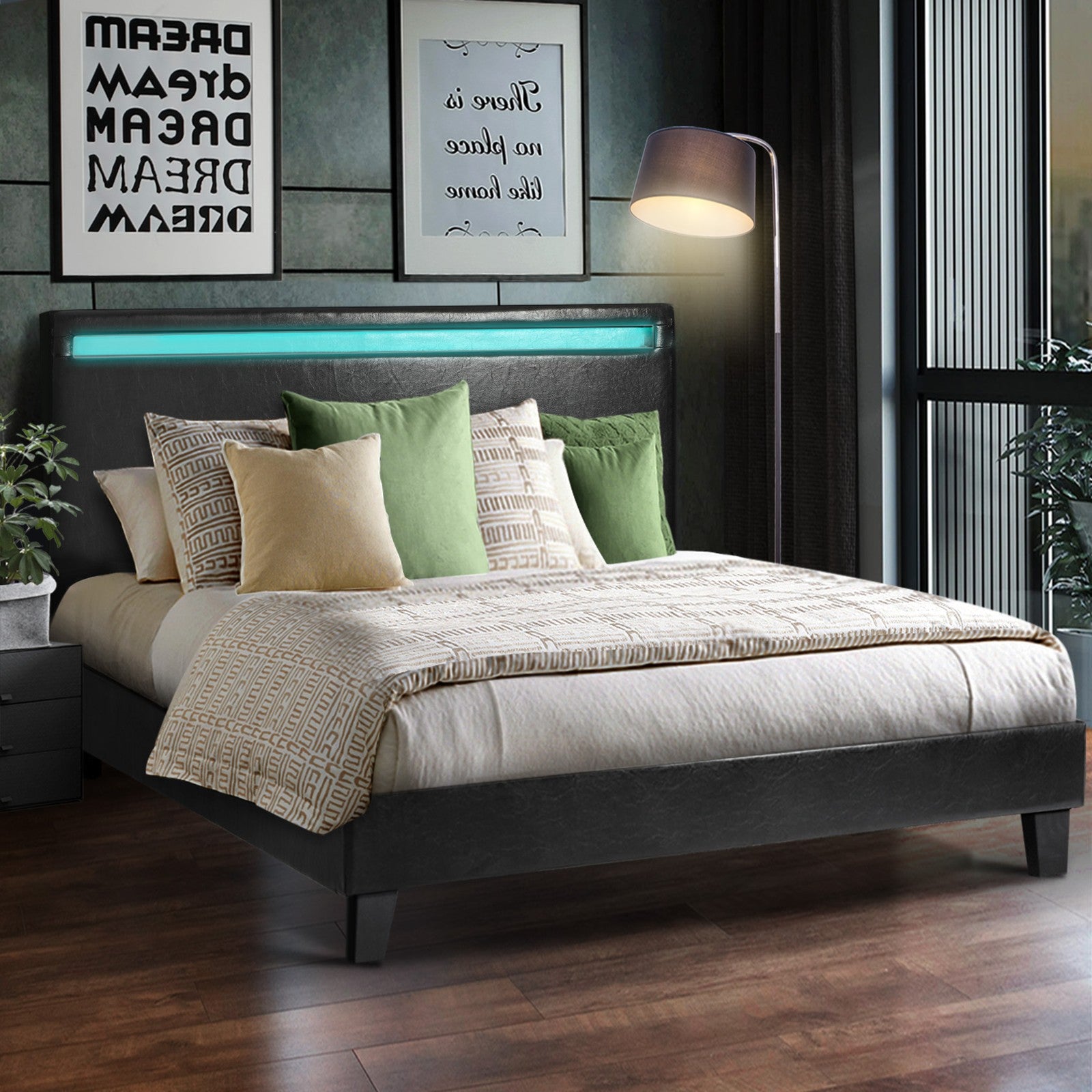 Oikiture Bed Frame RGB LED Double Size Mattress Base Platform Wooden PU Leather - Sunyee