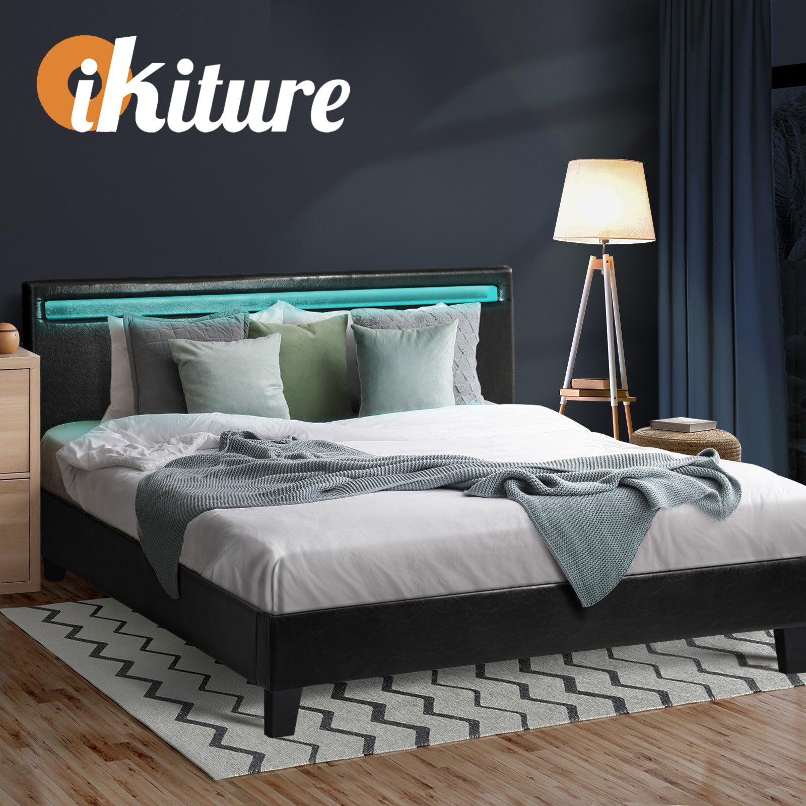 Oikiture Bed Frame RGB LED Double Size Mattress Base Platform Wooden PU Leather - Sunyee