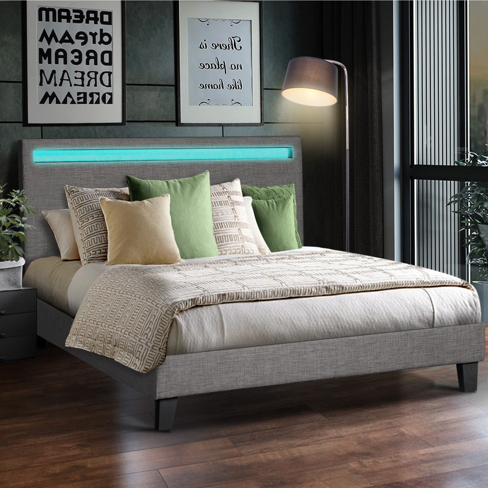Oikiture Bed Frame RGB LED Double Size Mattress Base Platform Wooden Grey Fabric - Sunyee