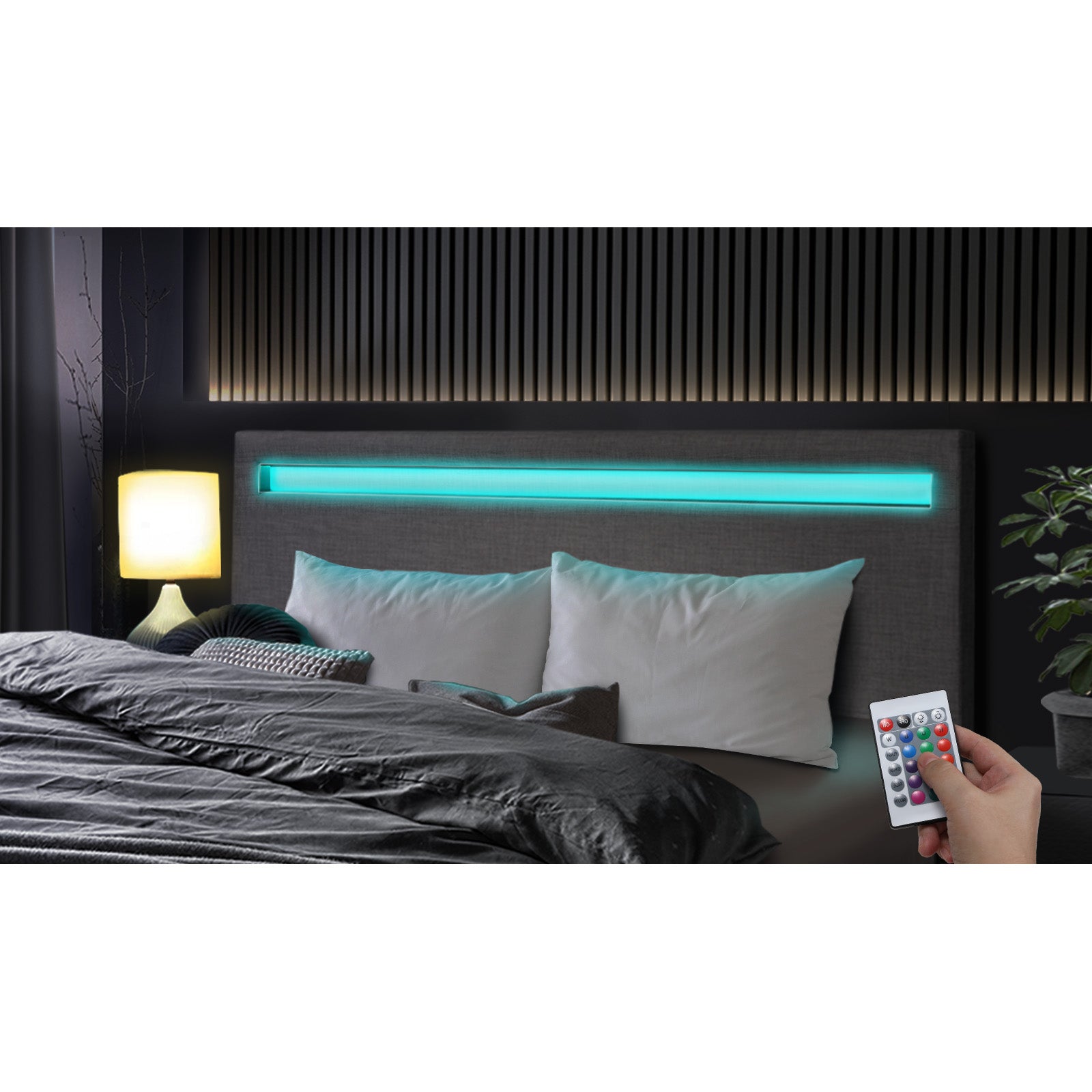 Oikiture Bed Frame RGB LED Double Size Mattress Base Platform Wooden Grey Fabric - Sunyee
