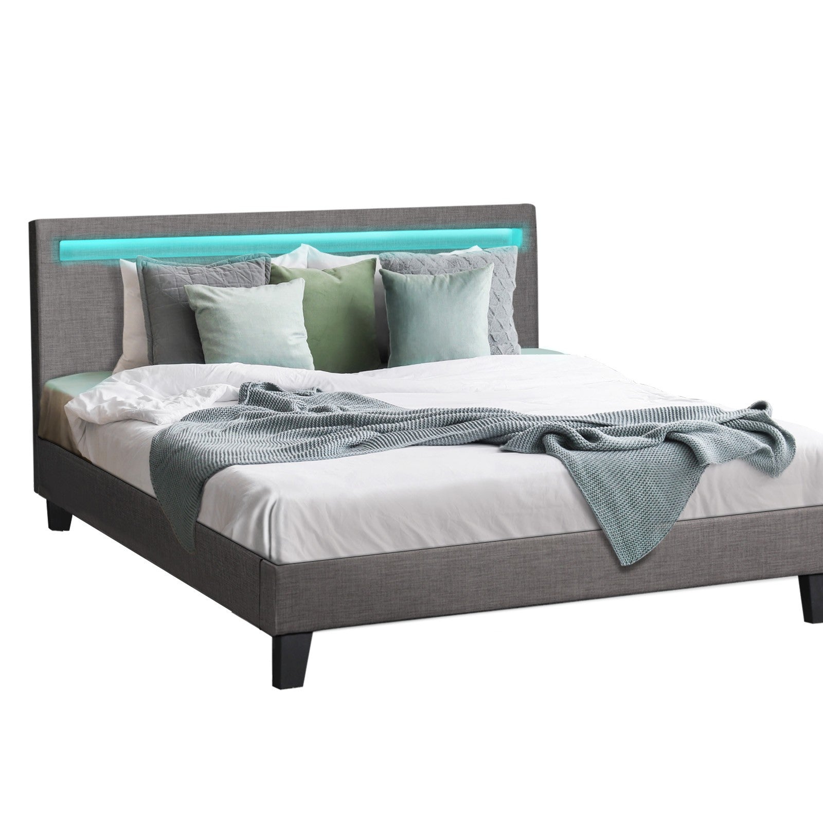 Oikiture Bed Frame RGB LED Double Size Mattress Base Platform Wooden Grey Fabric - Sunyee