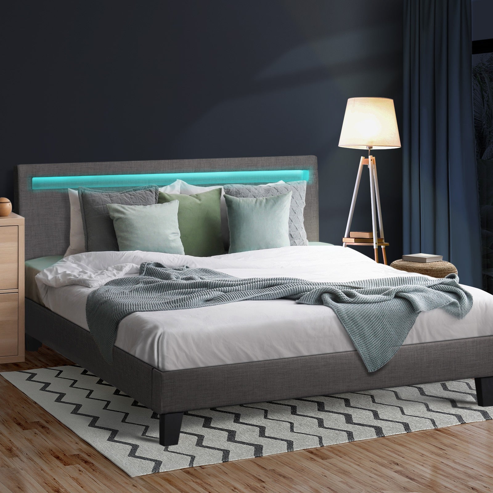 Oikiture Bed Frame RGB LED King Size Mattress Base Platform Wooden Grey Fabric - Sunyee