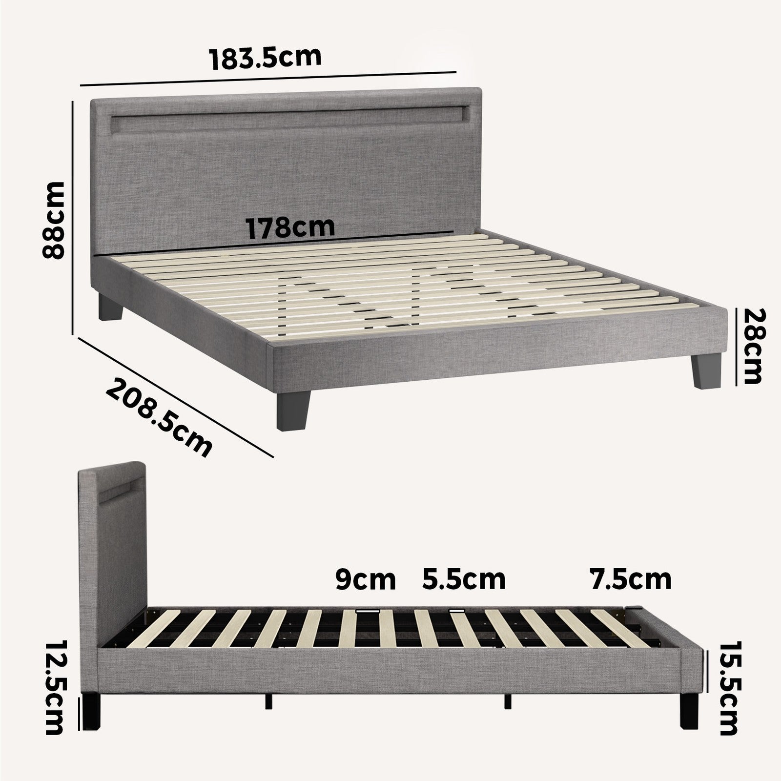 Oikiture Bed Frame RGB LED King Size Mattress Base Platform Wooden Grey Fabric - Sunyee