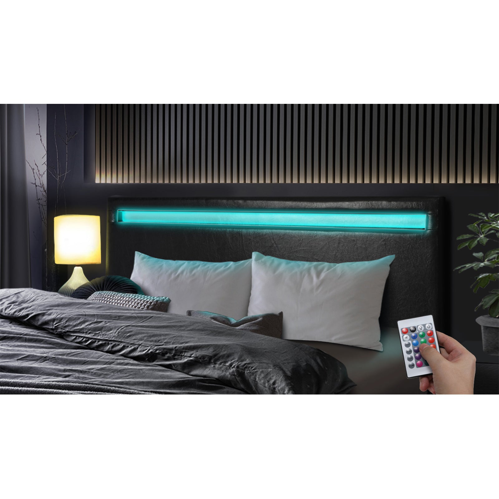 Oikiture Bed Frame RGB LED Queen Size Mattress Base Platform Wood Slat Leather - Sunyee