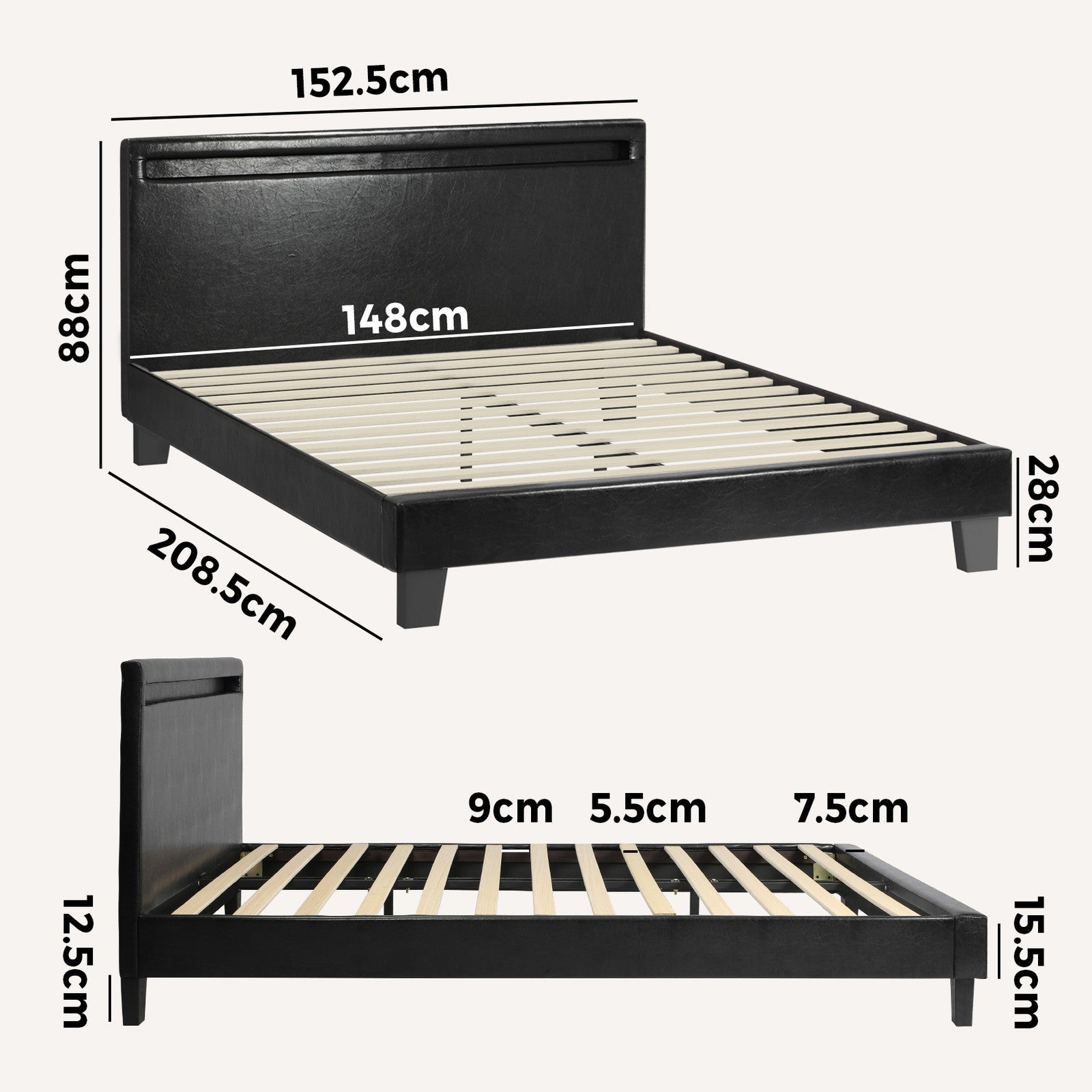 Oikiture Bed Frame RGB LED Queen Size Mattress Base Platform Wood Slat Leather - Sunyee