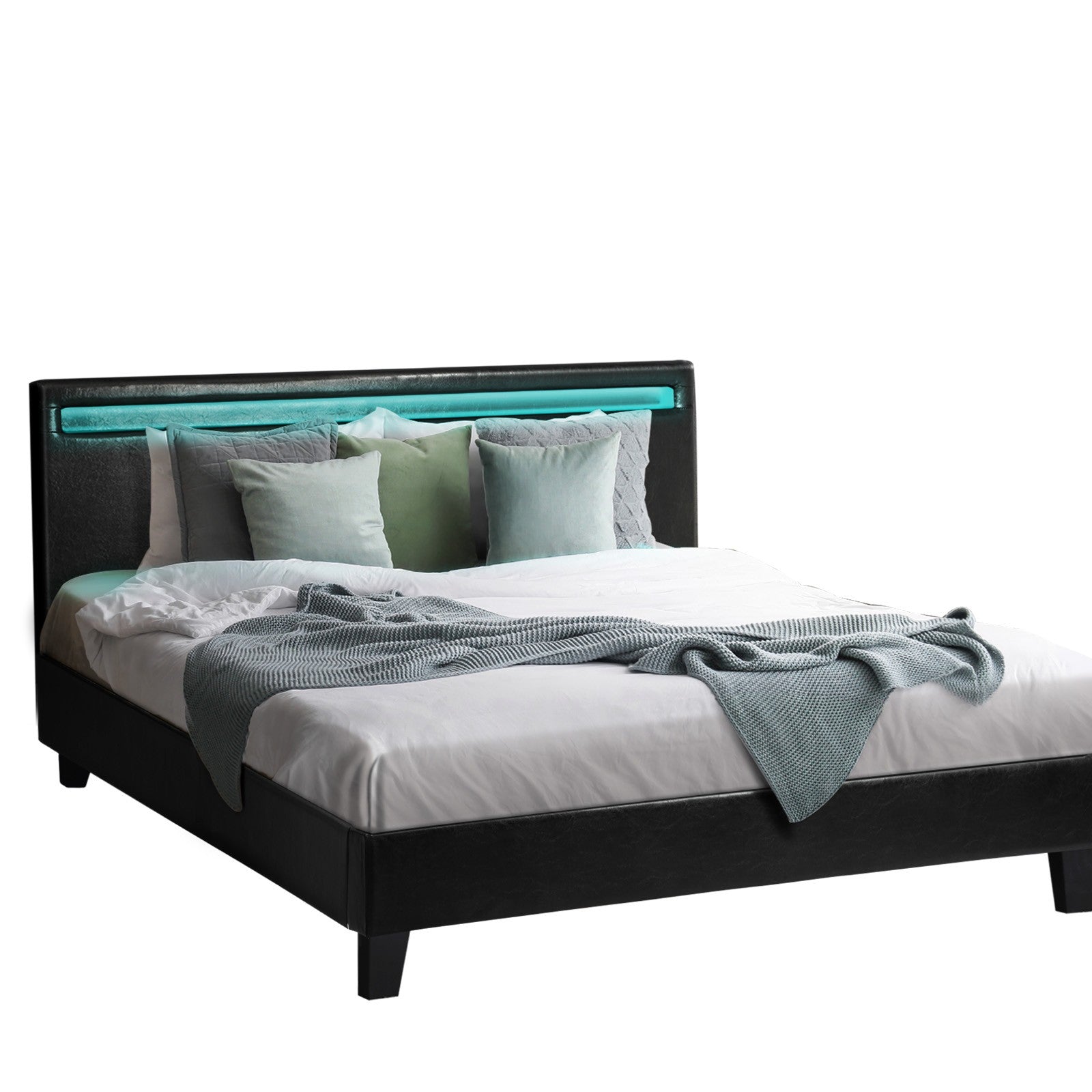 Oikiture Bed Frame RGB LED Queen Size Mattress Base Platform Wood Slat Leather - Sunyee