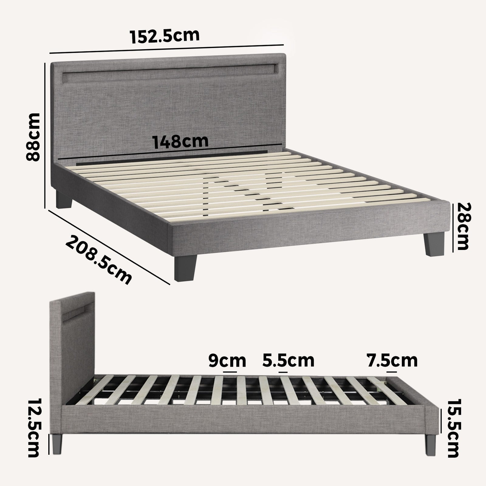 Oikiture Bed Frame RGB LED Queen Size Mattress Base Platform Wooden Grey Fabric - Sunyee