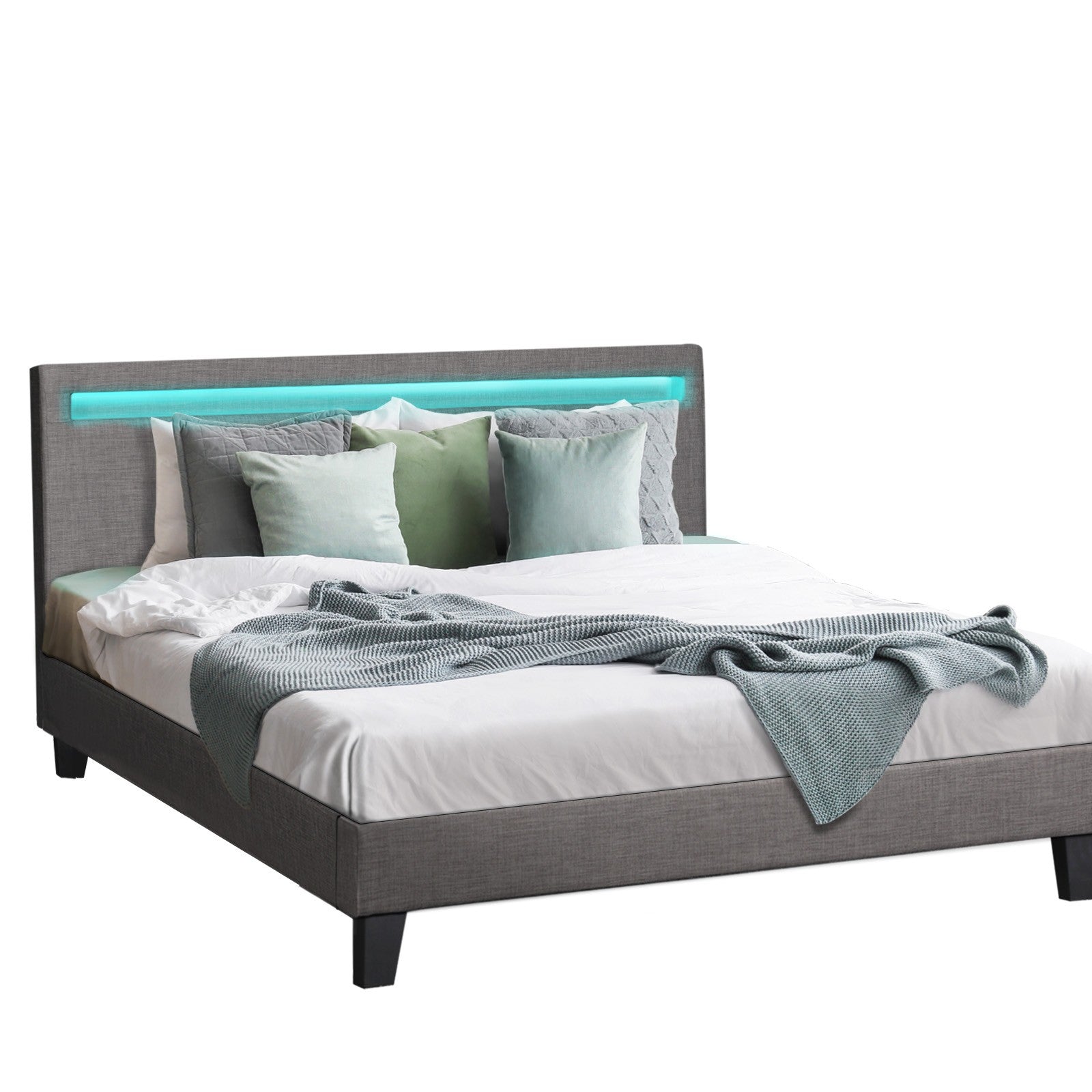 Oikiture Bed Frame RGB LED Queen Size Mattress Base Platform Wooden Grey Fabric - Sunyee