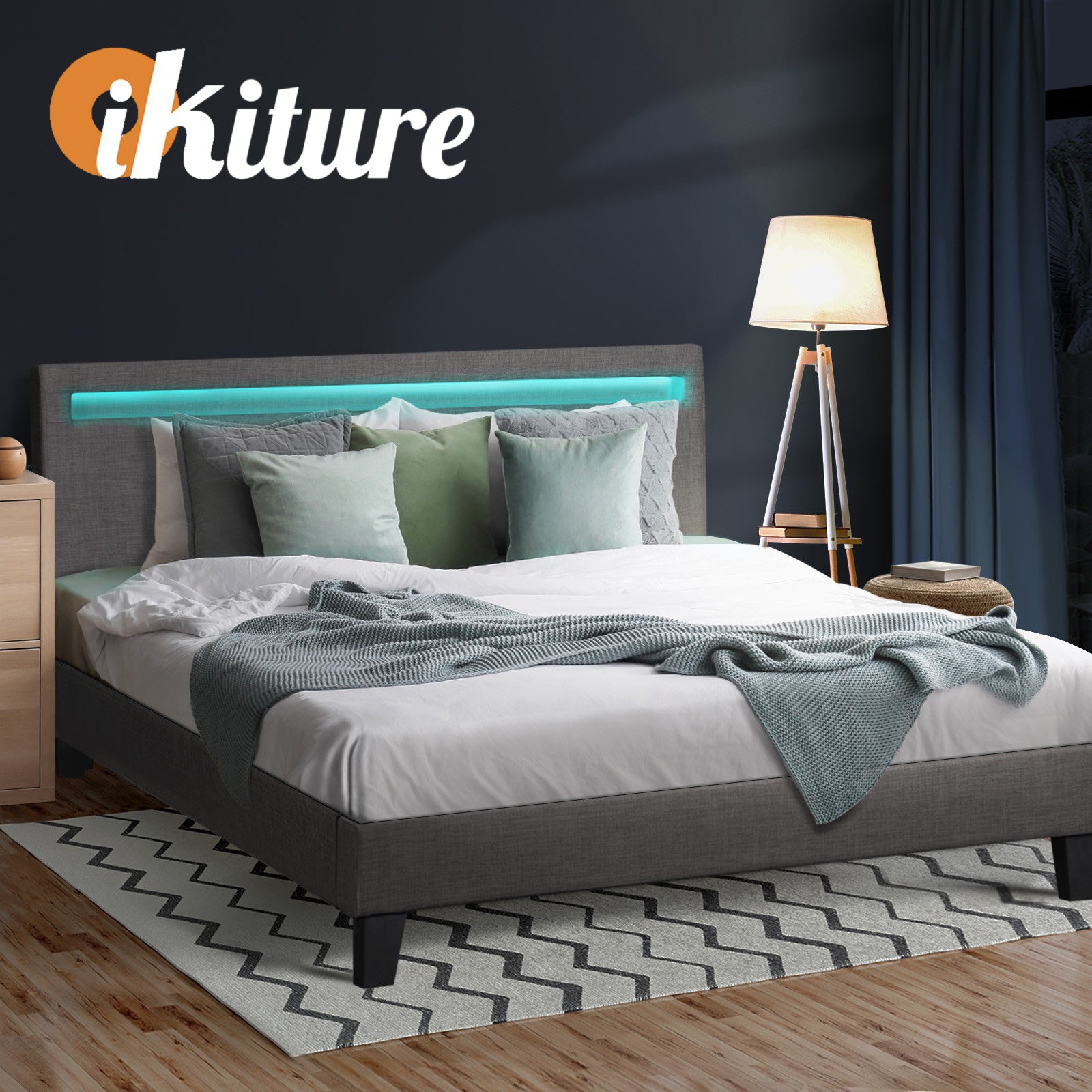 Oikiture Bed Frame RGB LED Queen Size Mattress Base Platform Wooden Grey Fabric - Sunyee
