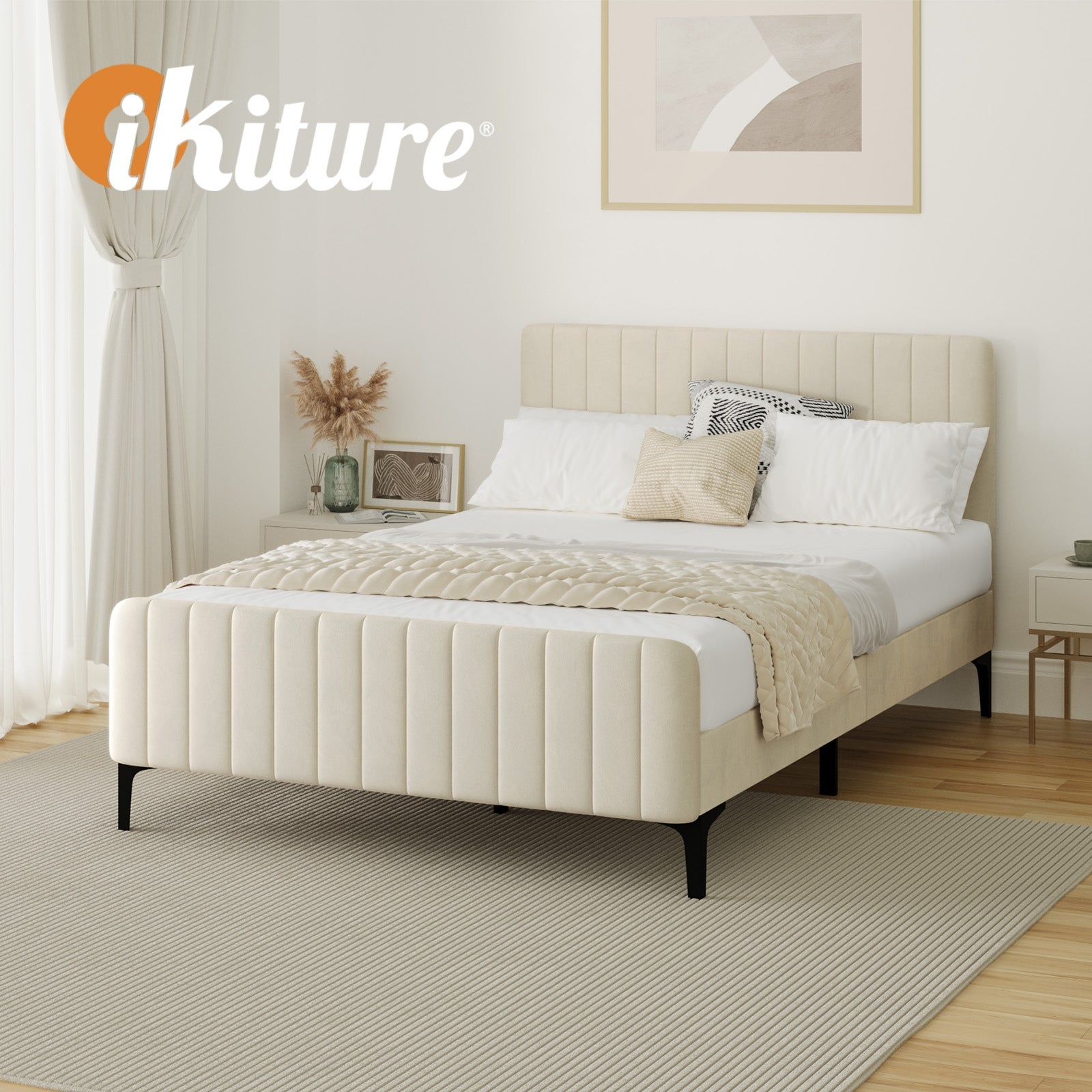 Oikiture Bed Frame Double Size Beds Platform Velvet Fabric ROYO - Sunyee