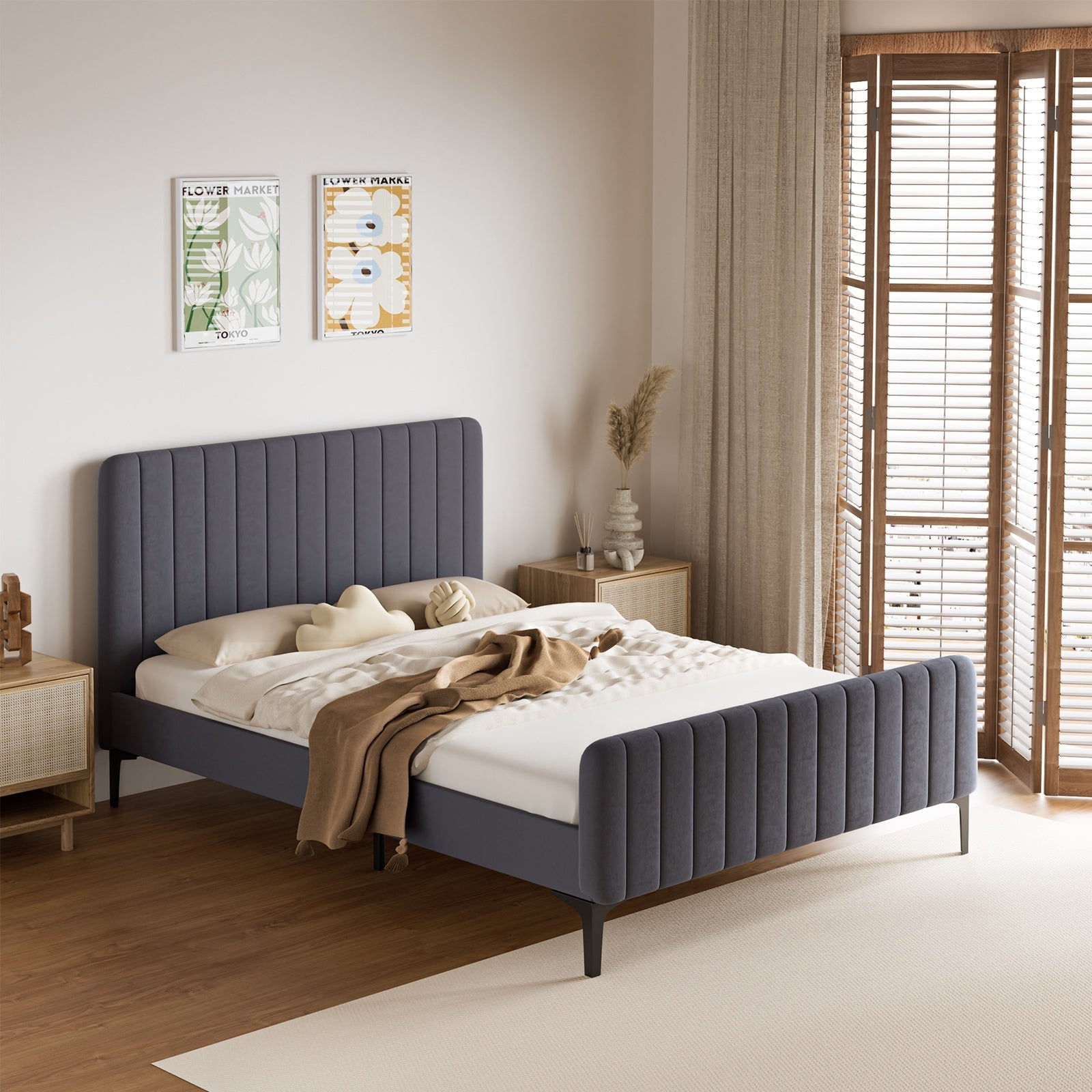 Oikiture Bed Frame Queen Double King Single Beds Platform Grey Velvet Fabric ROY - Sunyee