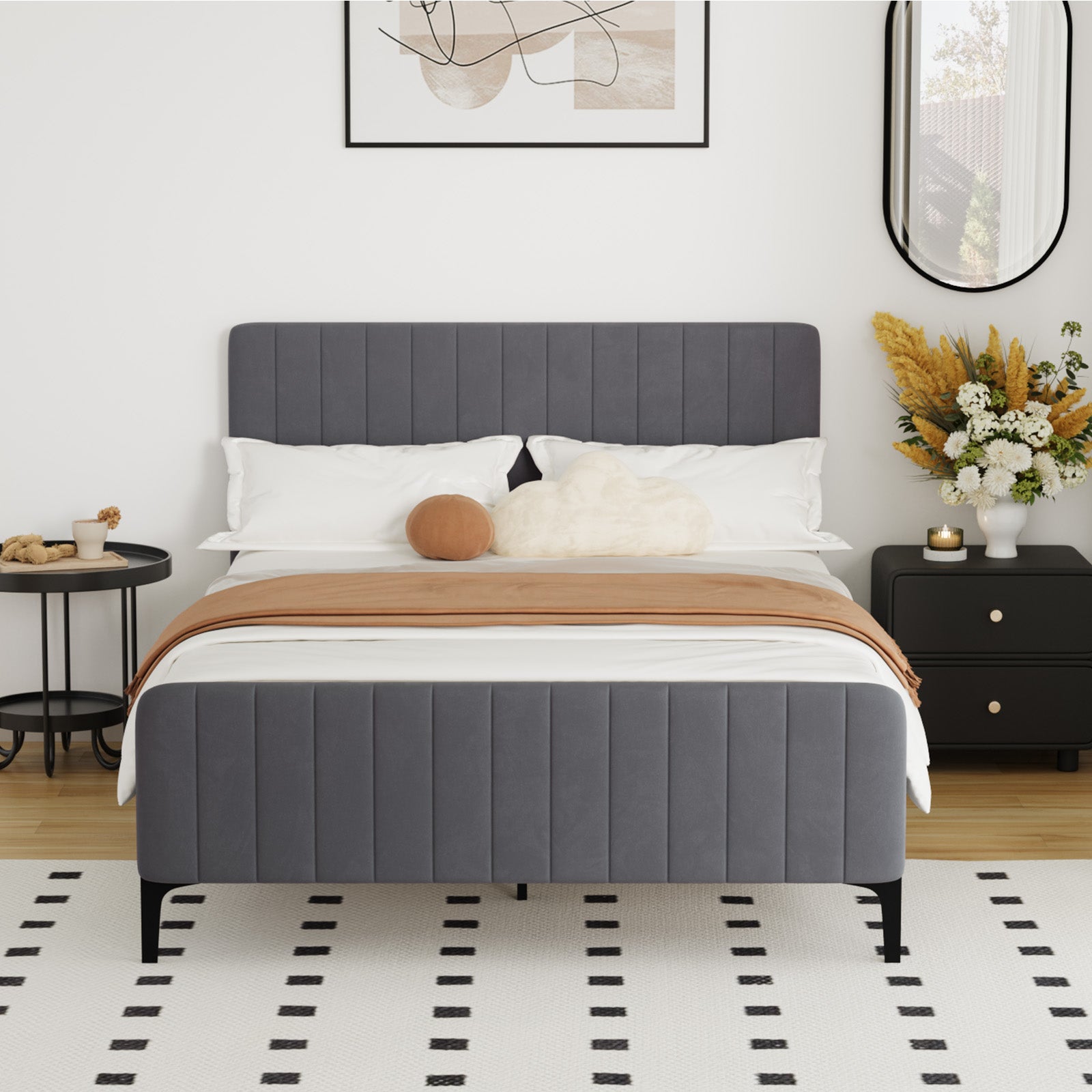 Oikiture Bed Frame Double Size Beds Platform Velvet Fabric Grey ROYO - Sunyee