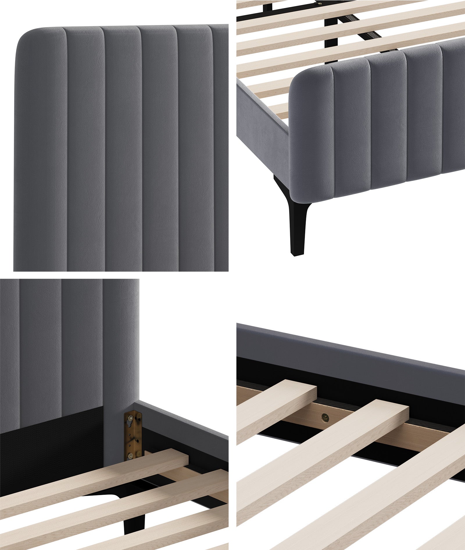 Oikiture Bed Frame Double Size Beds Platform Velvet Fabric Grey ROYO - Sunyee