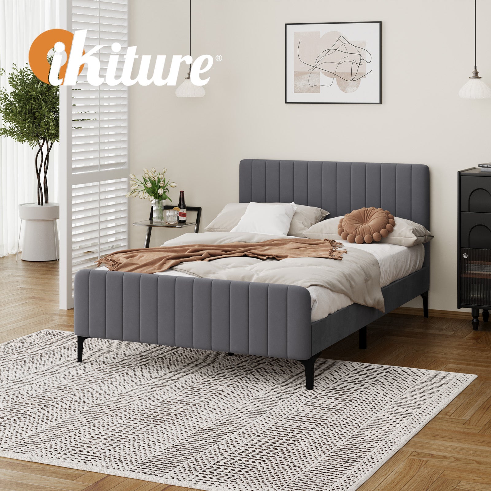 Oikiture Bed Frame Double Size Beds Platform Velvet Fabric Grey ROYO - Sunyee