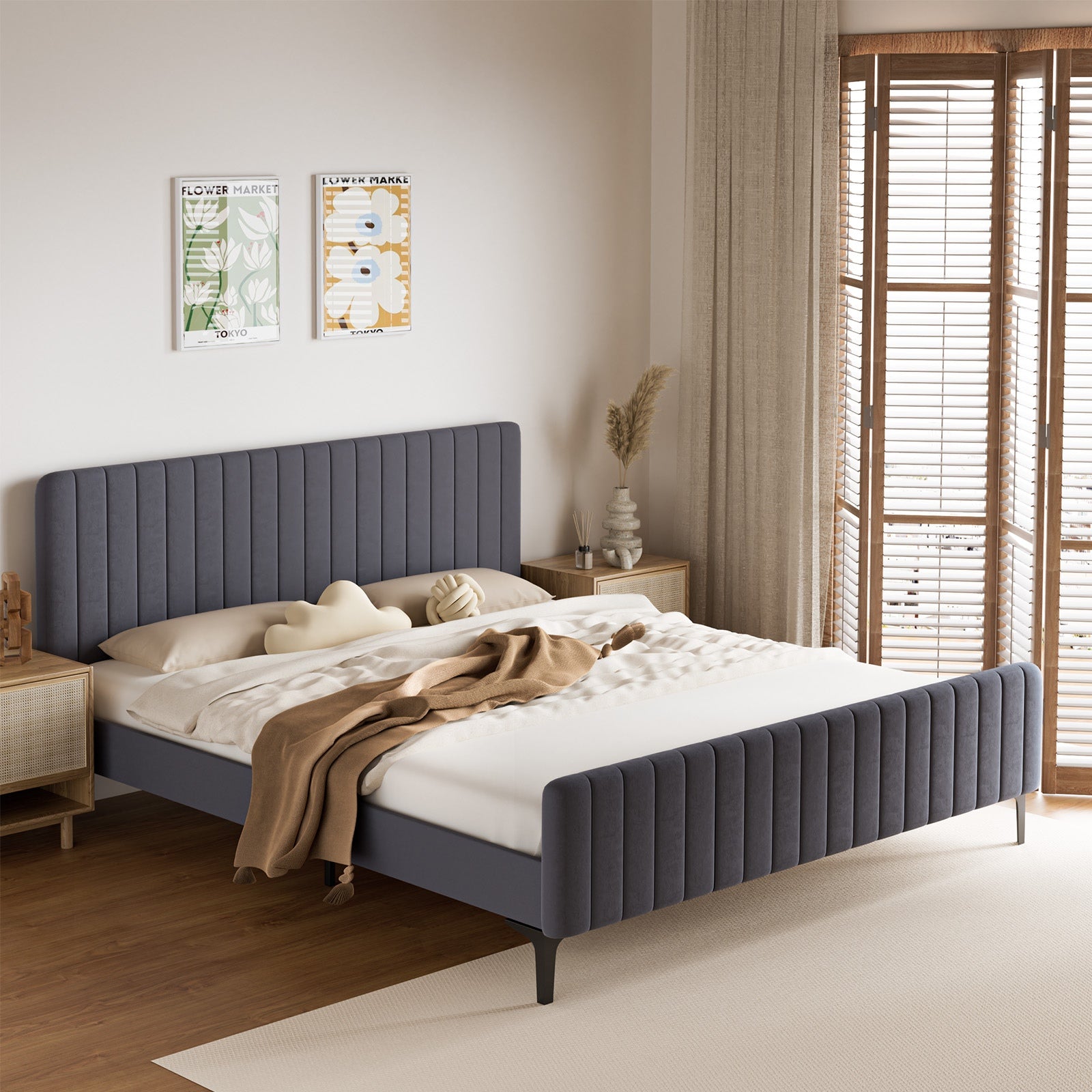 Oikiture Bed Frame Queen Double King Single Beds Platform Grey Velvet Fabric ROY