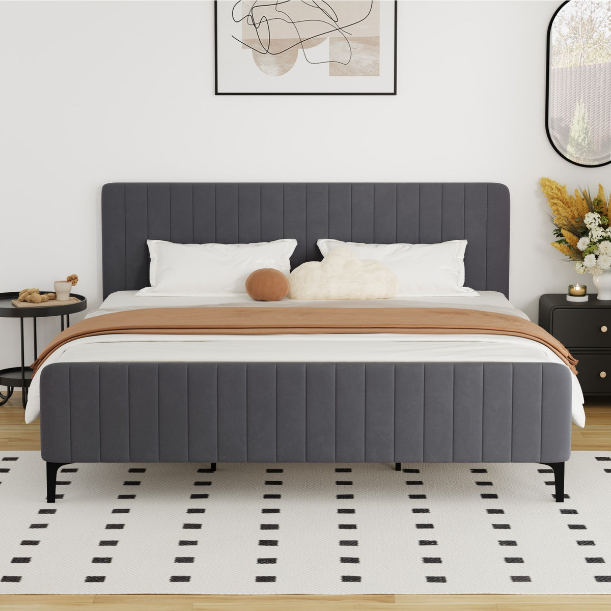 Oikiture Bed Frame Queen Double King Single Beds Platform Grey Velvet Fabric ROY