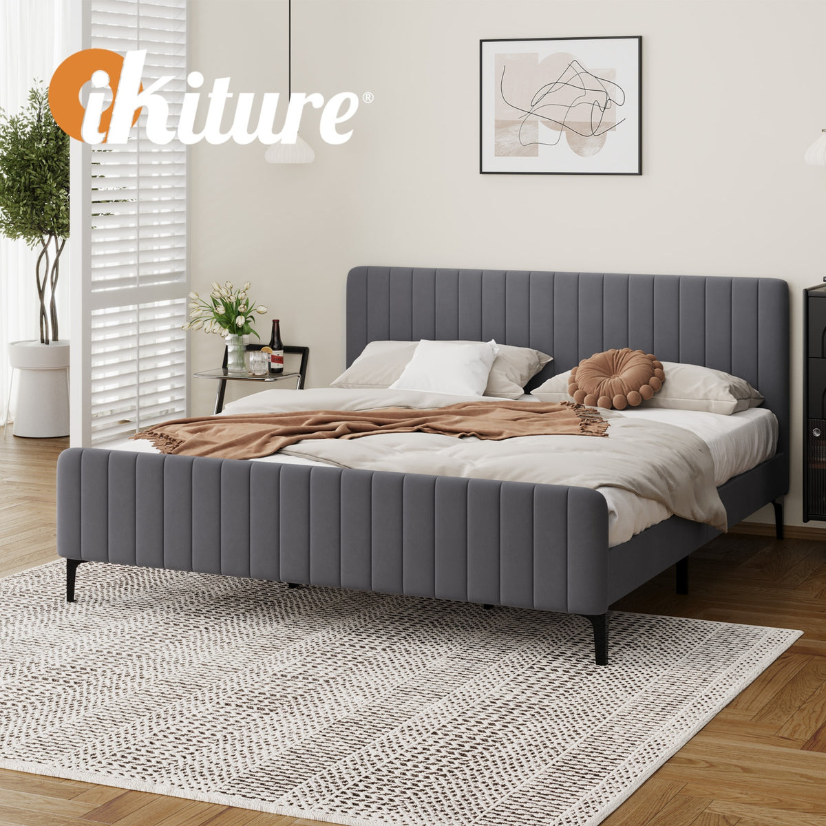 Oikiture Bed Frame Queen Double King Single Beds Platform Grey Velvet Fabric ROY