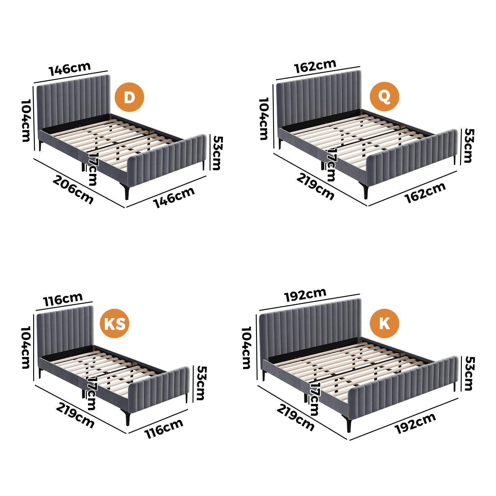 Oikiture Bed Frame Queen Double King Single Beds Platform Grey Velvet Fabric ROY - Sunyee
