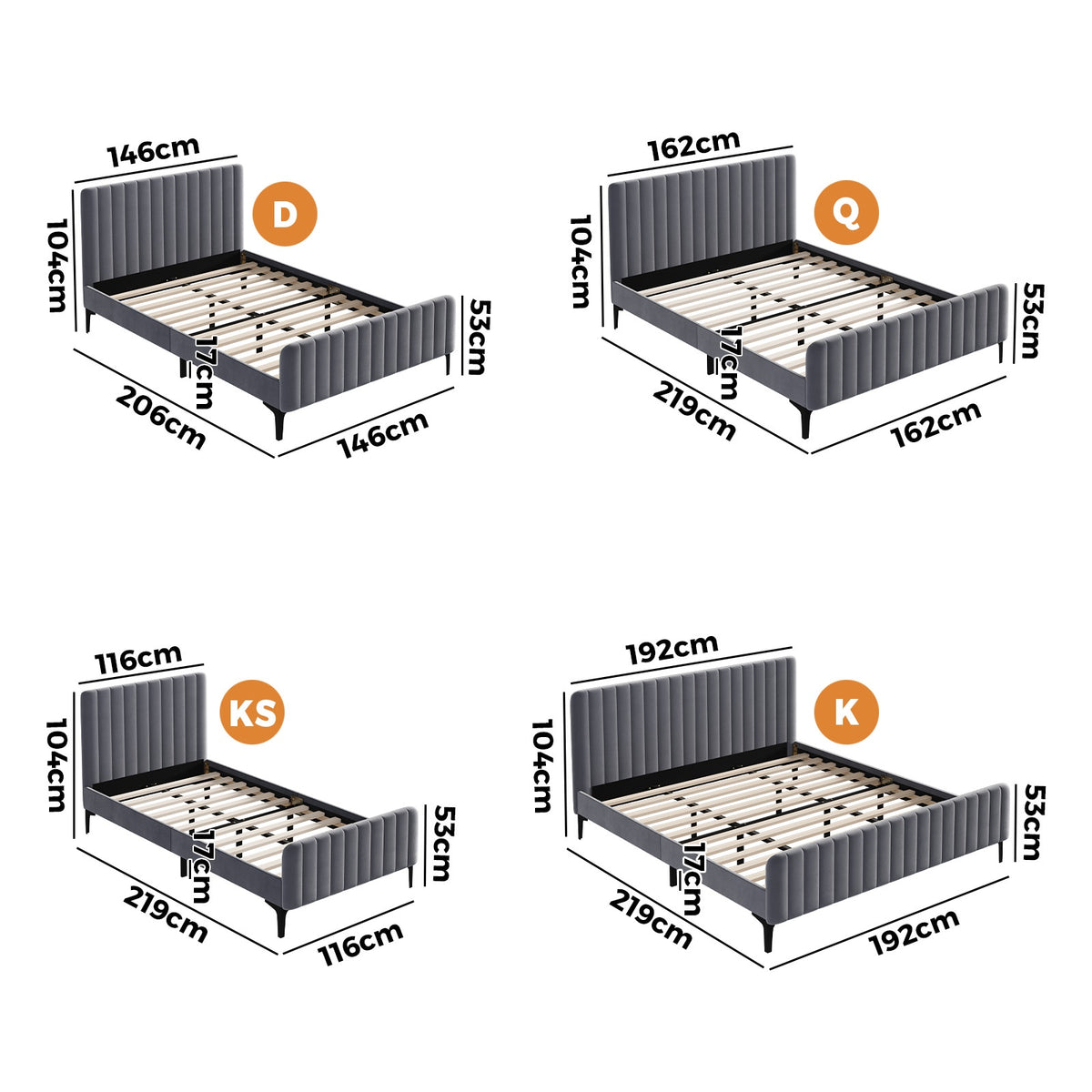 Oikiture Bed Frame Queen Double King Single Beds Platform Grey Velvet Fabric ROY