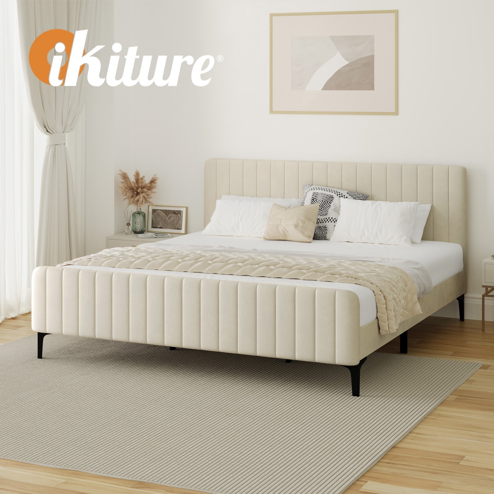 Oikiture Bed Frame King Size Beds Platform Velvet Fabric ROYO - Sunyee