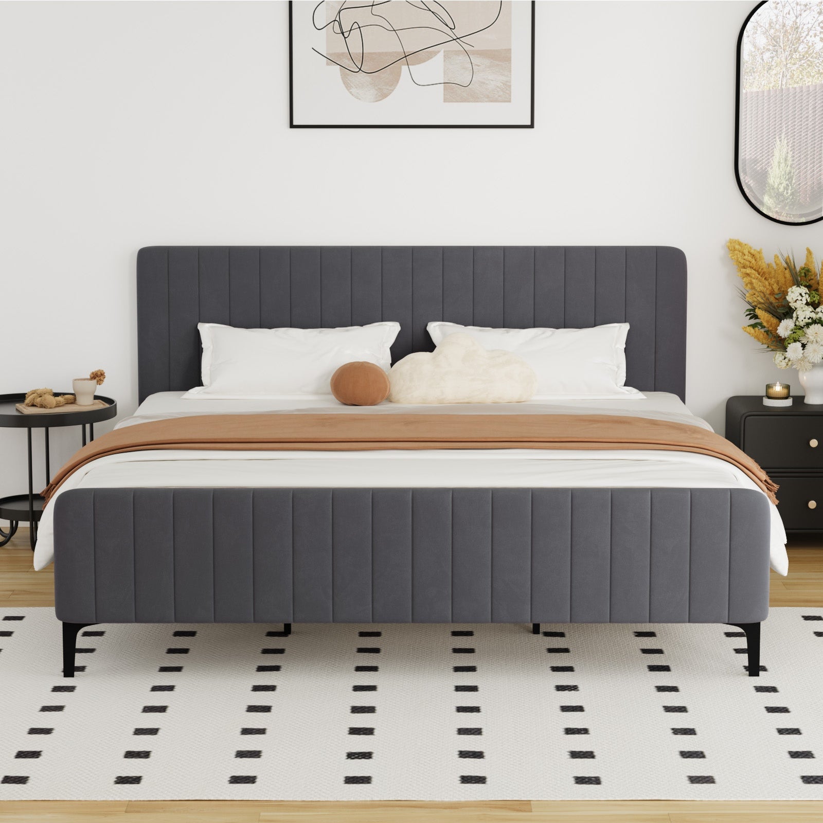 Oikiture Bed Frame King Size Beds Platform Velvet Fabric Grey ROYO - Sunyee