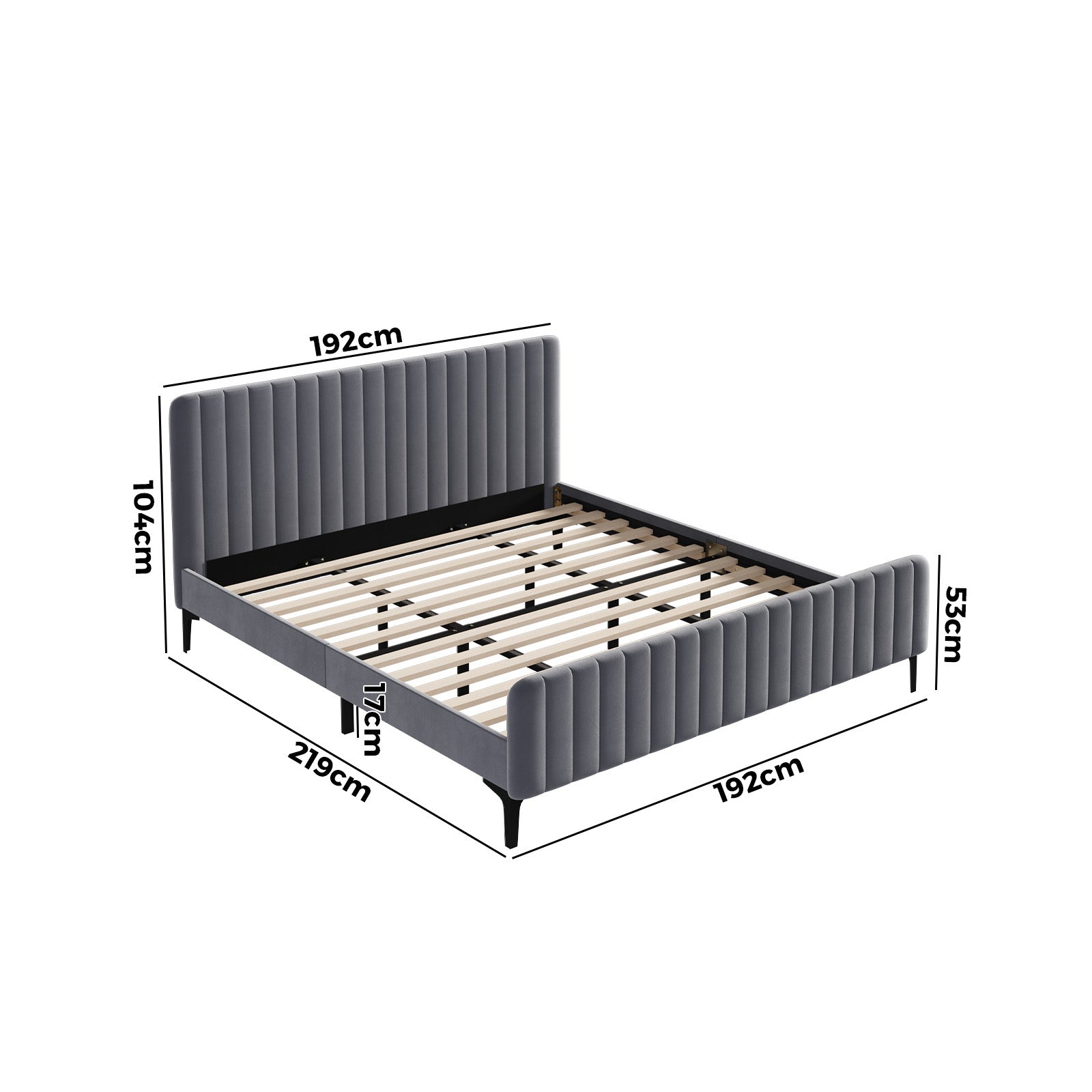 Oikiture Bed Frame King Size Beds Platform Velvet Fabric Grey ROYO - Sunyee