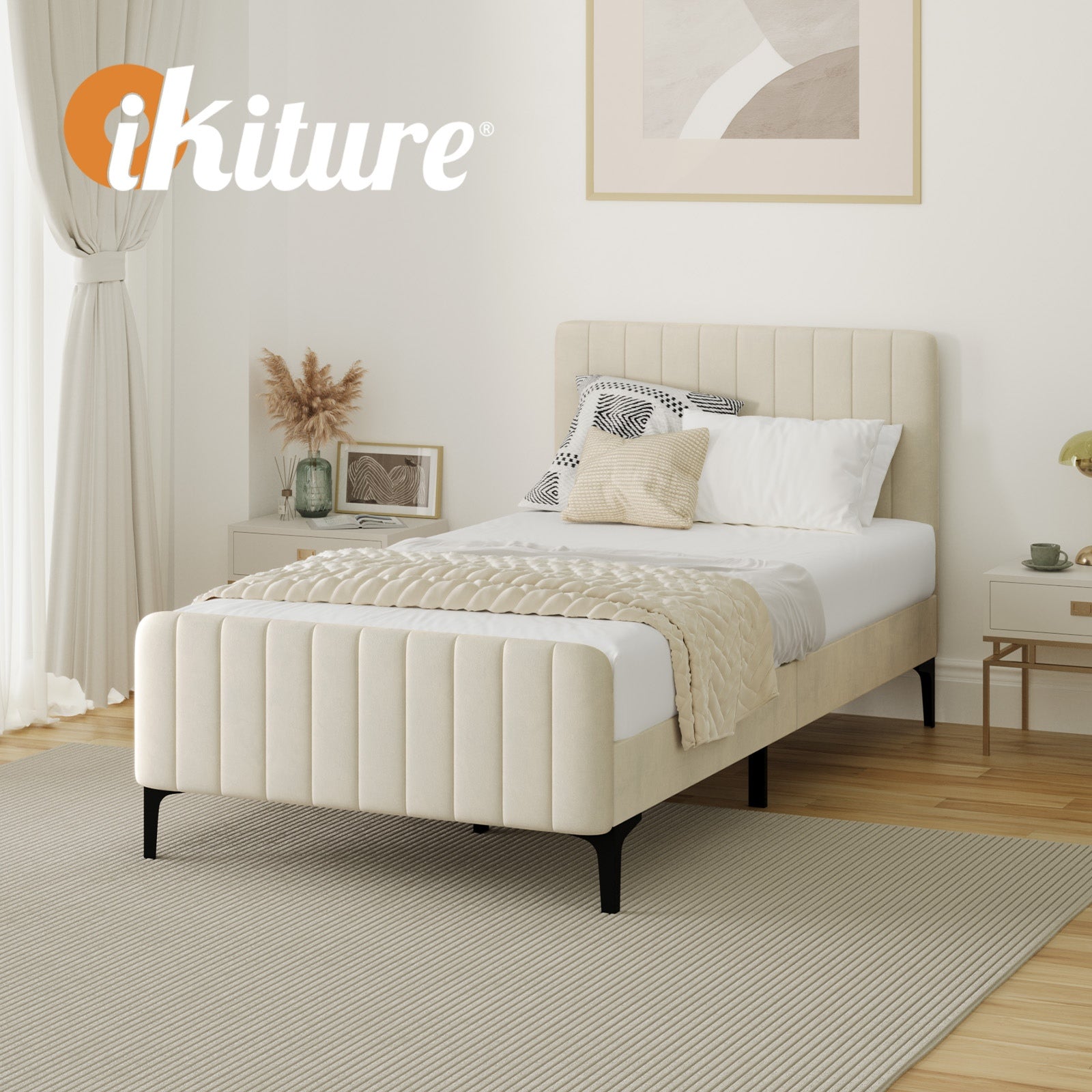 Oikiture Bed Frame King Single Beds Platform Velvet Fabric ROYO - Sunyee