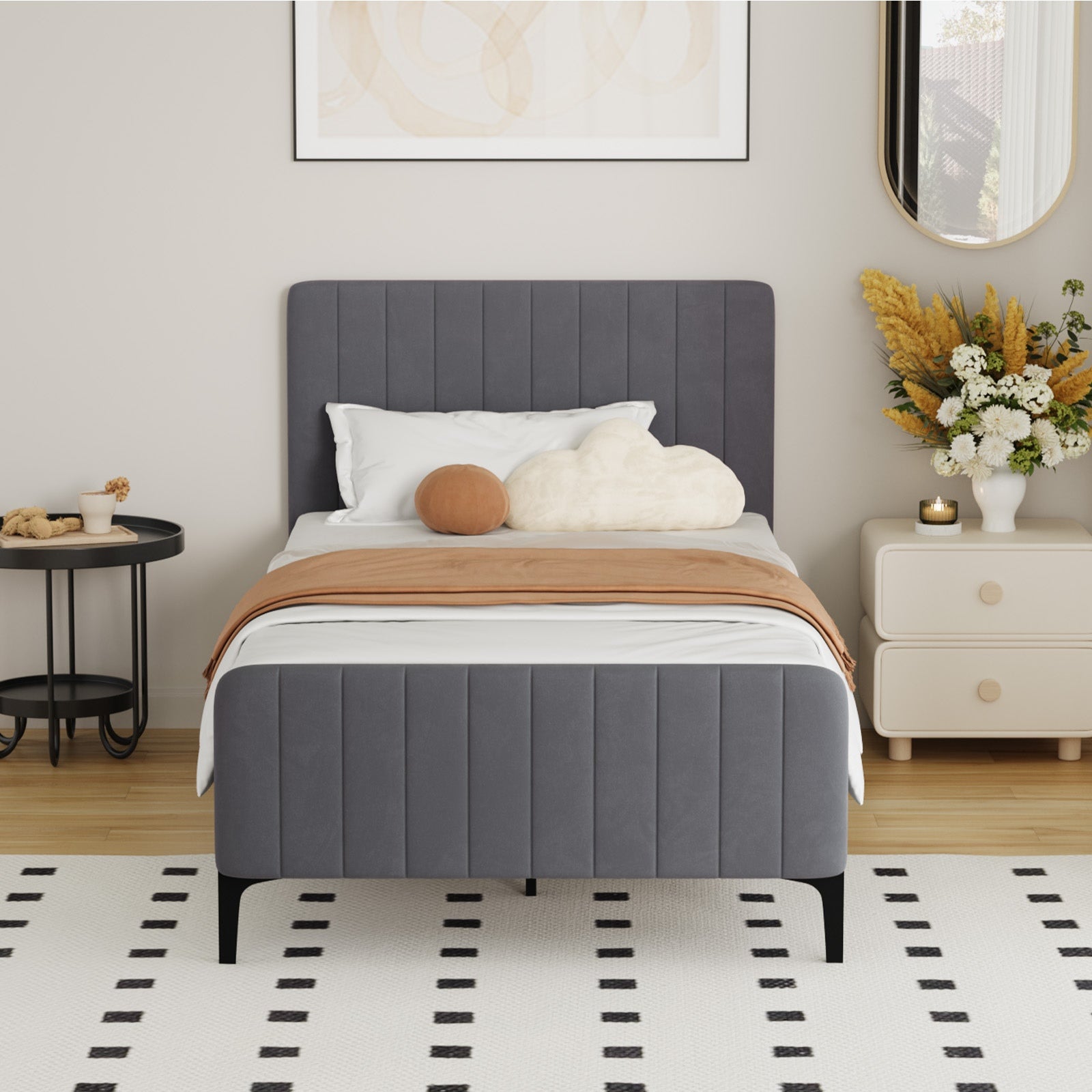 Oikiture Bed Frame King Single Beds Platform Velvet Fabric Grey ROYO - Sunyee