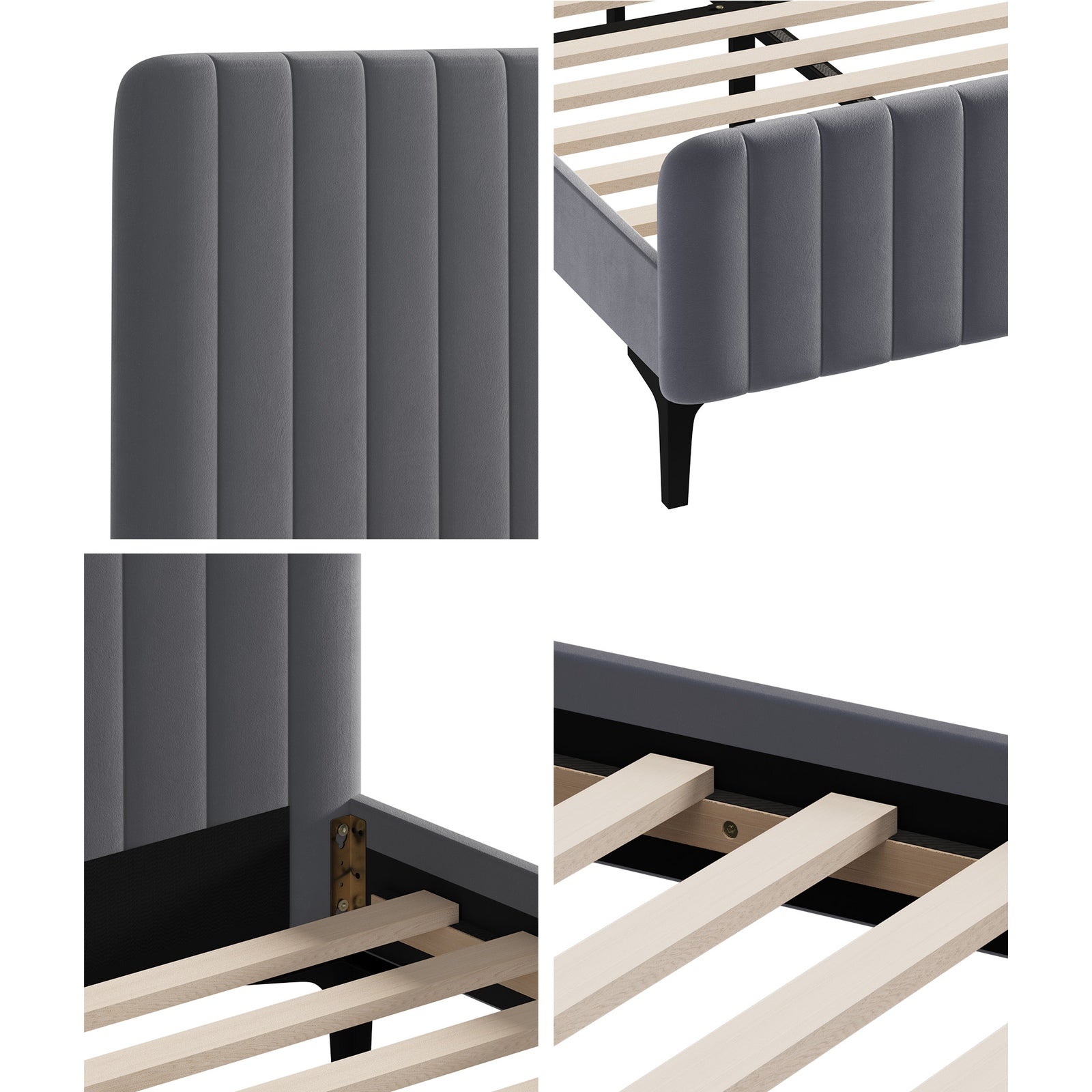 Oikiture Bed Frame King Single Beds Platform Velvet Fabric Grey ROYO - Sunyee