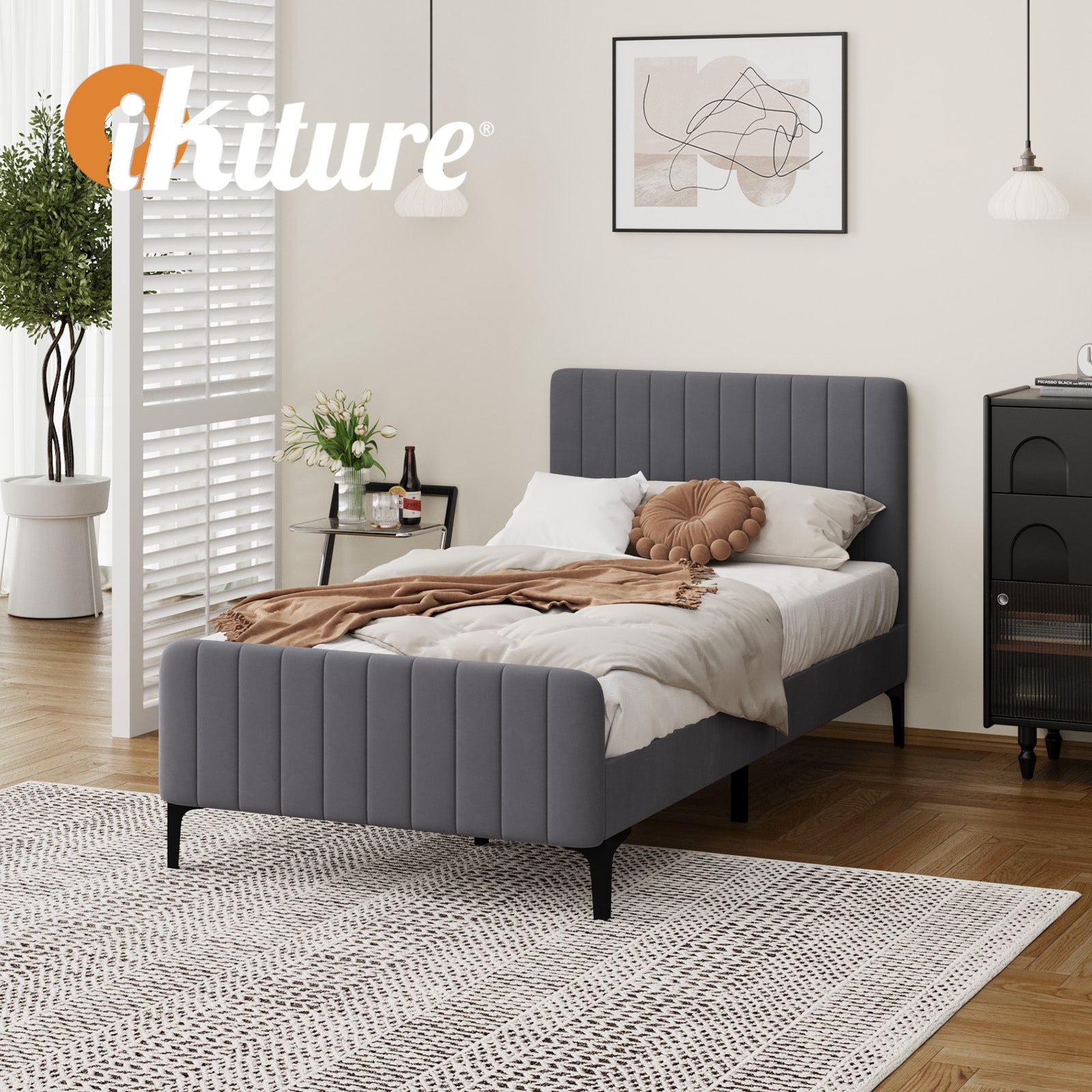 Oikiture Bed Frame King Single Beds Platform Velvet Fabric Grey ROYO - Sunyee