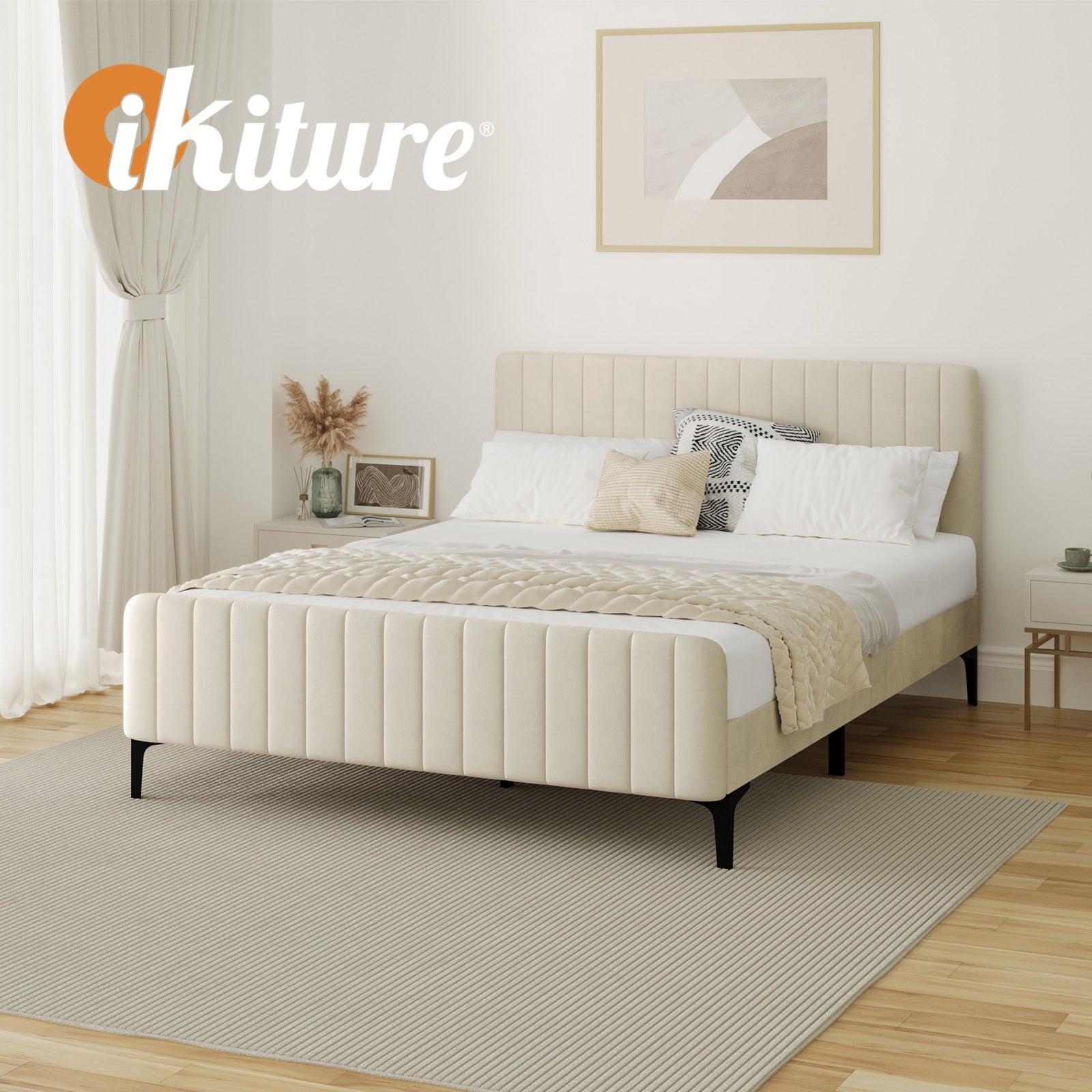 Oikiture Bed Frame Queen Size Beds Platform Velvet Fabric ROYO - Sunyee