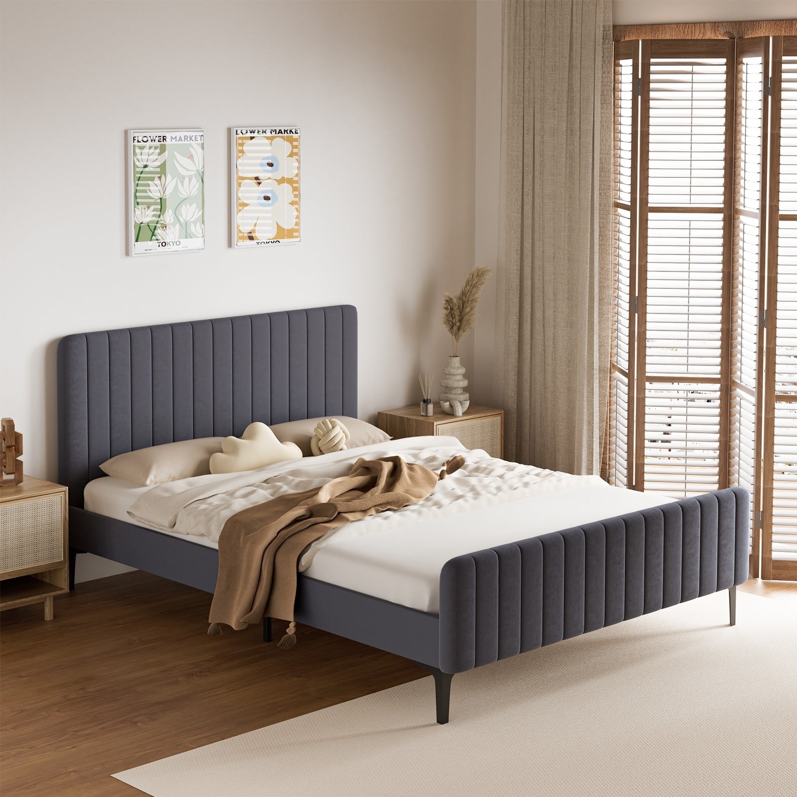 Oikiture Bed Frame Queen Double King Single Beds Platform Grey Velvet Fabric ROY - Sunyee