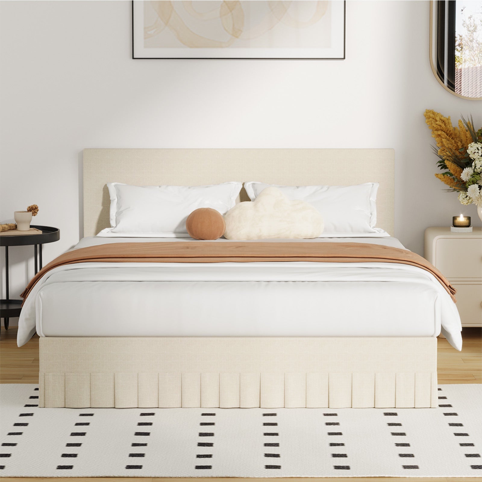 Oikiture Bed Frame Queen Size Upholstered Headboard Platform Base Beige