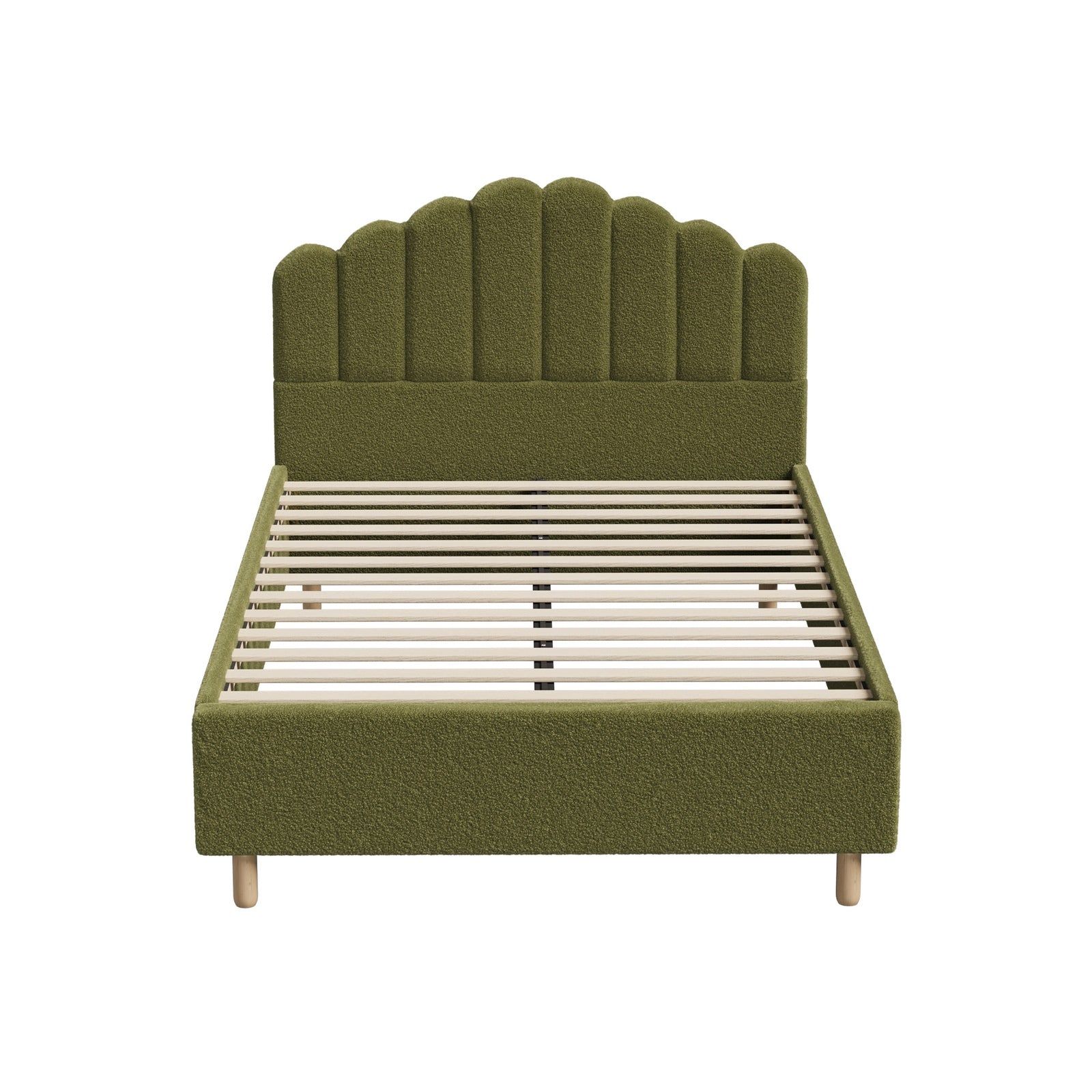 Oikiture Bed Frame Queen Size Stripe Headboard Wooden Slats Base Boucle Green