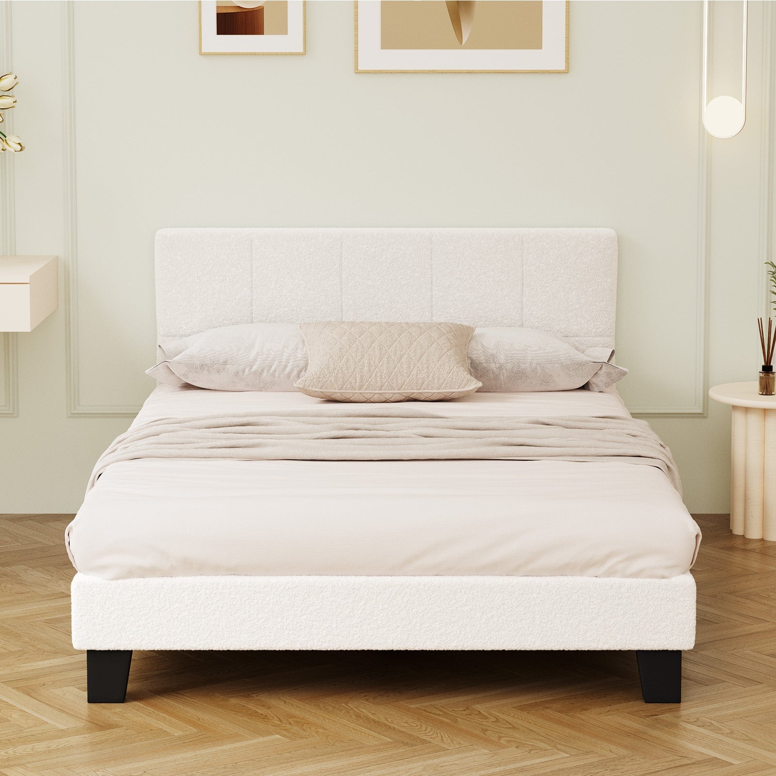 Oikiture Bed Frame Double Size Base White Boucle TOFU - Sunyee