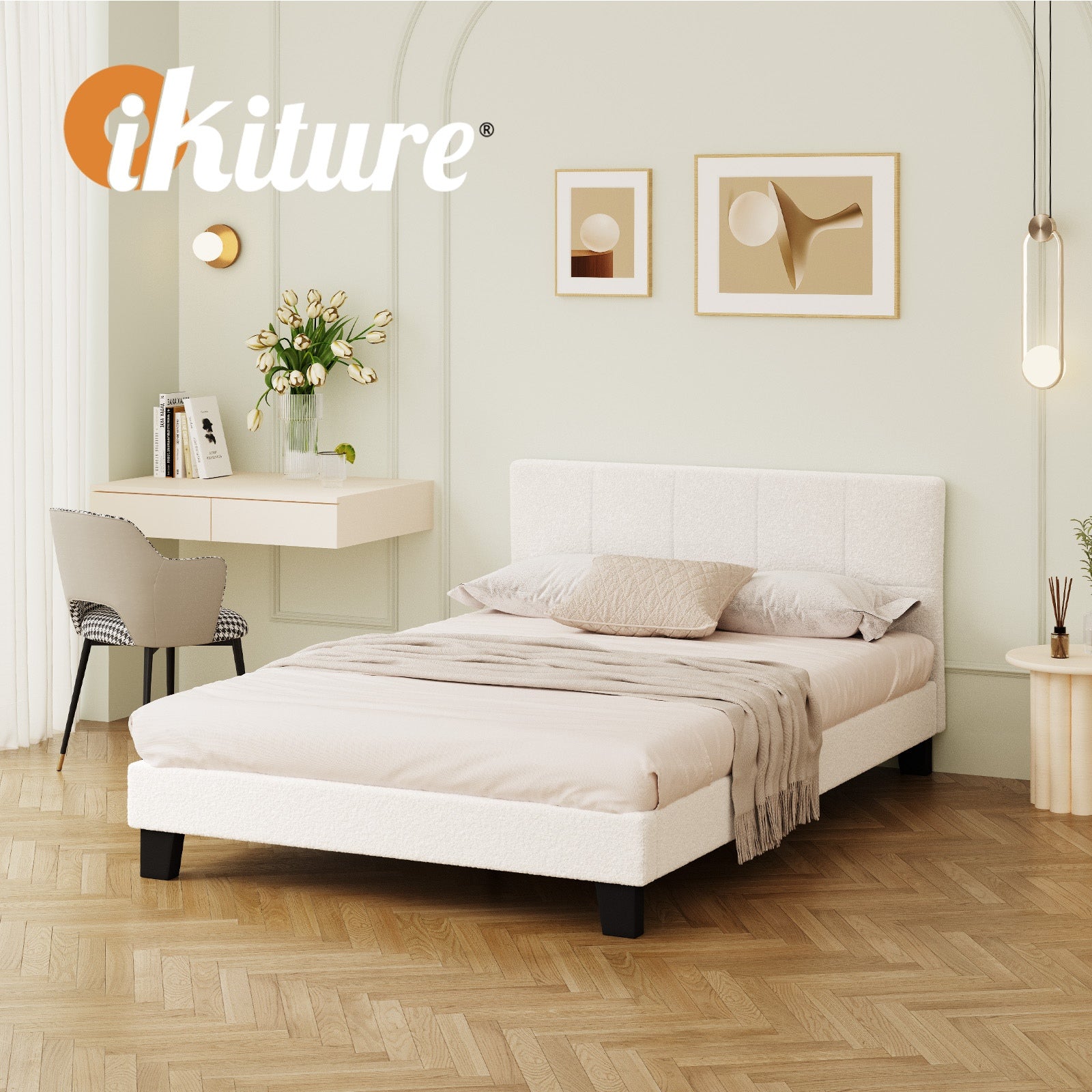 Oikiture Bed Frame Double Size Base White Boucle TOFU - Sunyee