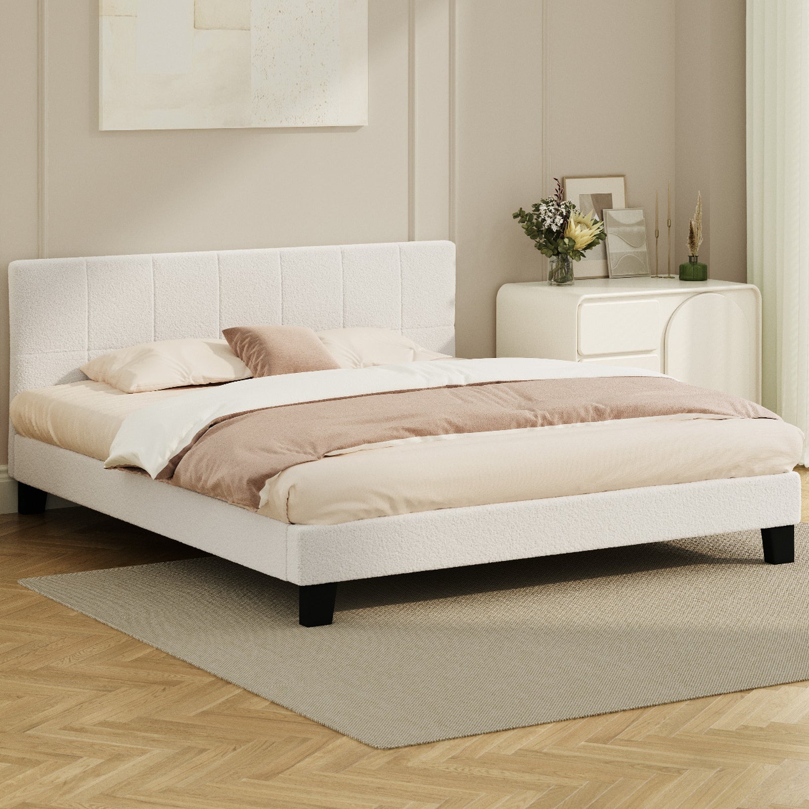 Oikiture Bed Frame Queen Double King Single Beds Base White Boucle TOFU - Sunyee