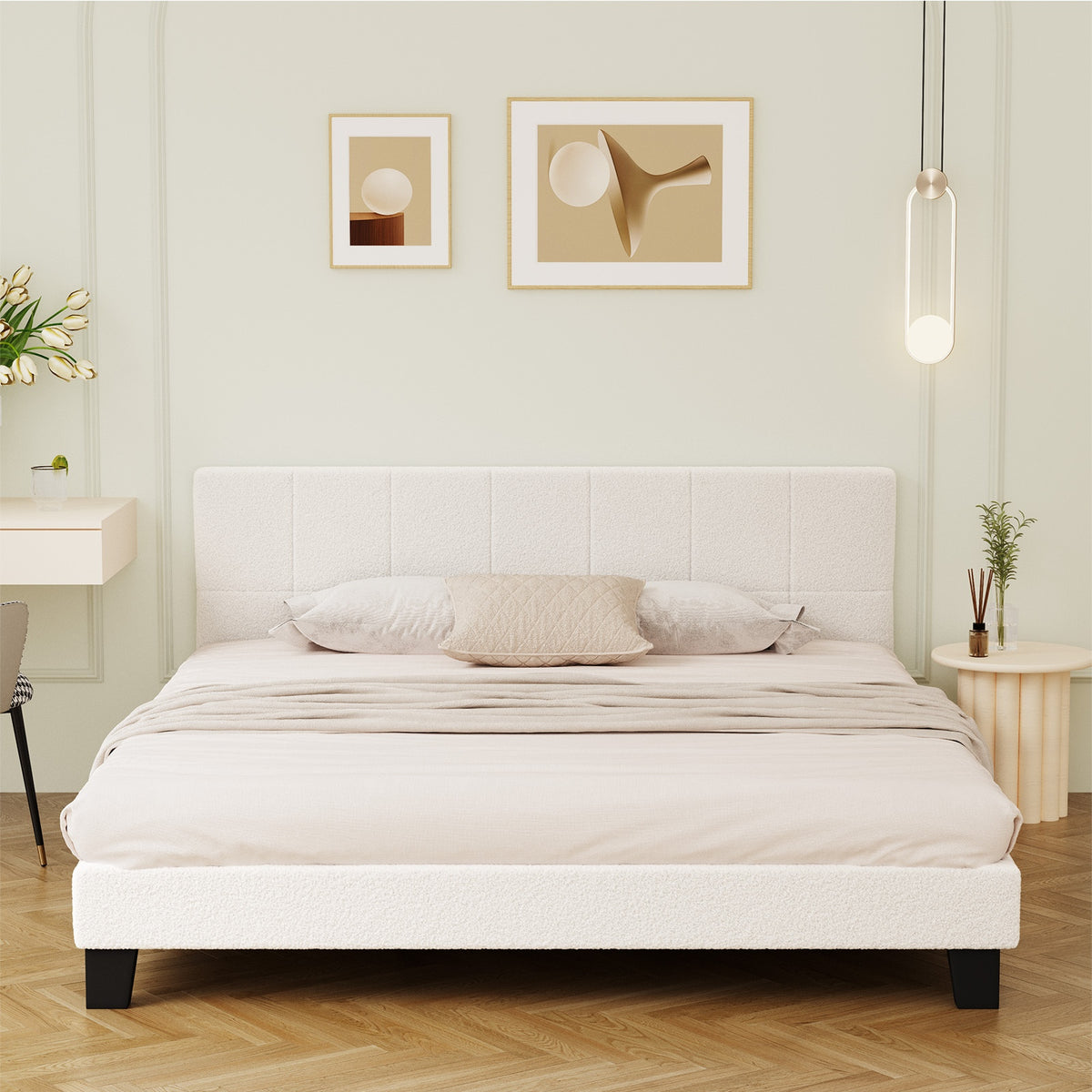 Oikiture Bed Frame King Size Base White Boucle TOFU - Sunyee