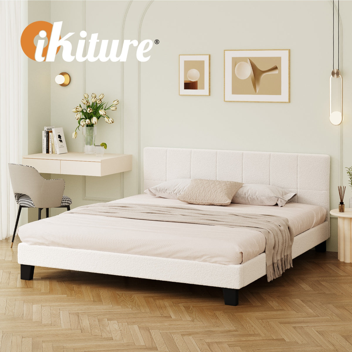 Oikiture Bed Frame King Size Base White Boucle TOFU - Sunyee