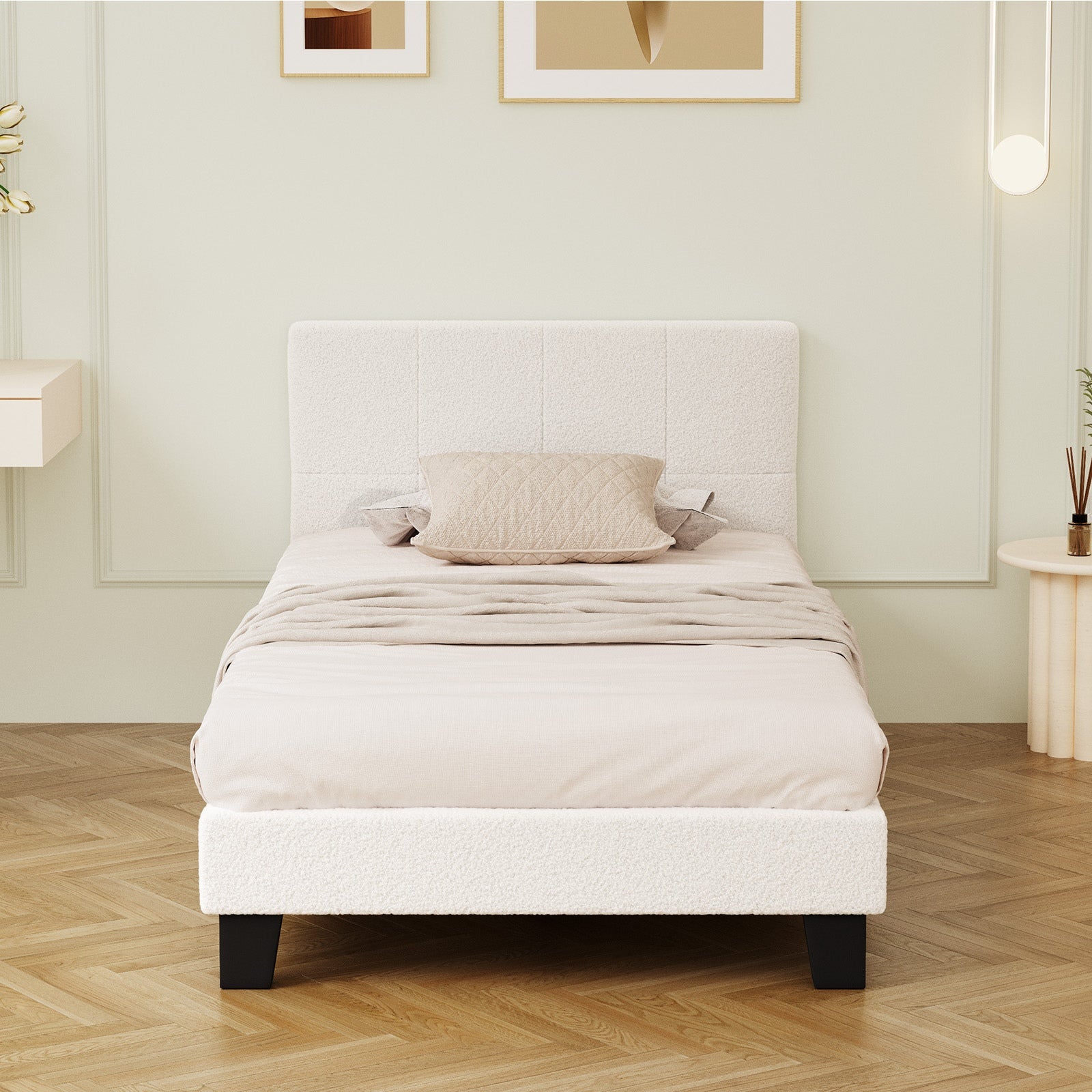 Oikiture Bed Frame Single Size Base White Boucle TOFU - Sunyee
