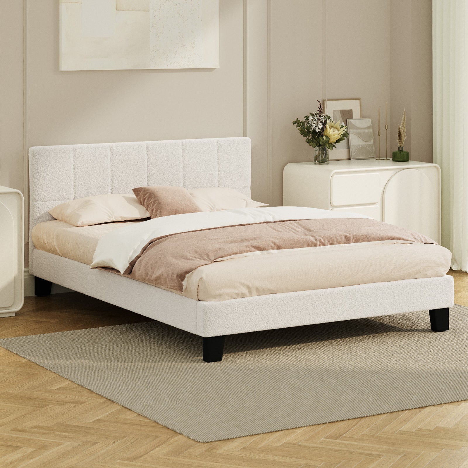 Oikiture Bed Frame Queen Double King Single Beds Base White Boucle TOFU - Sunyee