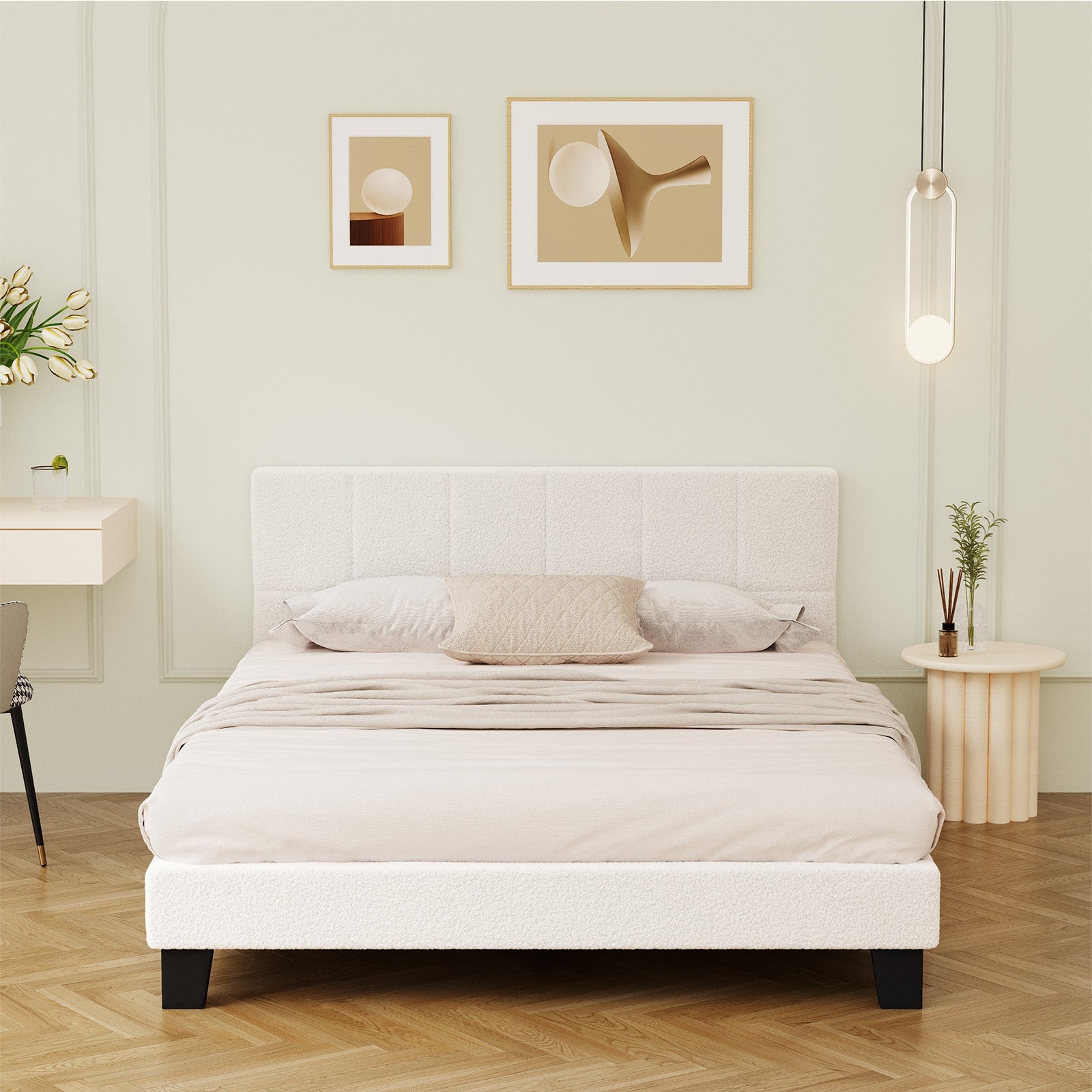 Oikiture Bed Frame Queen Double King Single Beds Base White Boucle TOFU - Sunyee