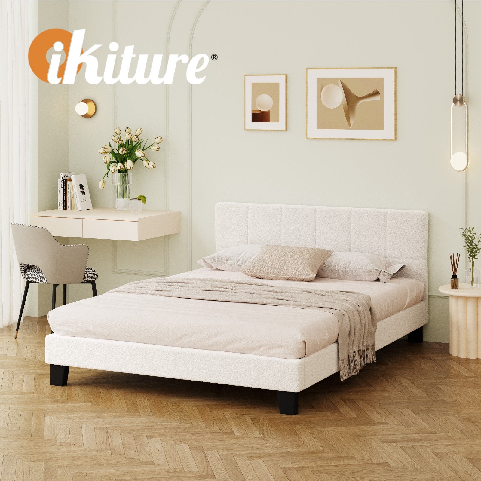 Oikiture Bed Frame Queen Double King Single Beds Base White Boucle TOFU - Sunyee