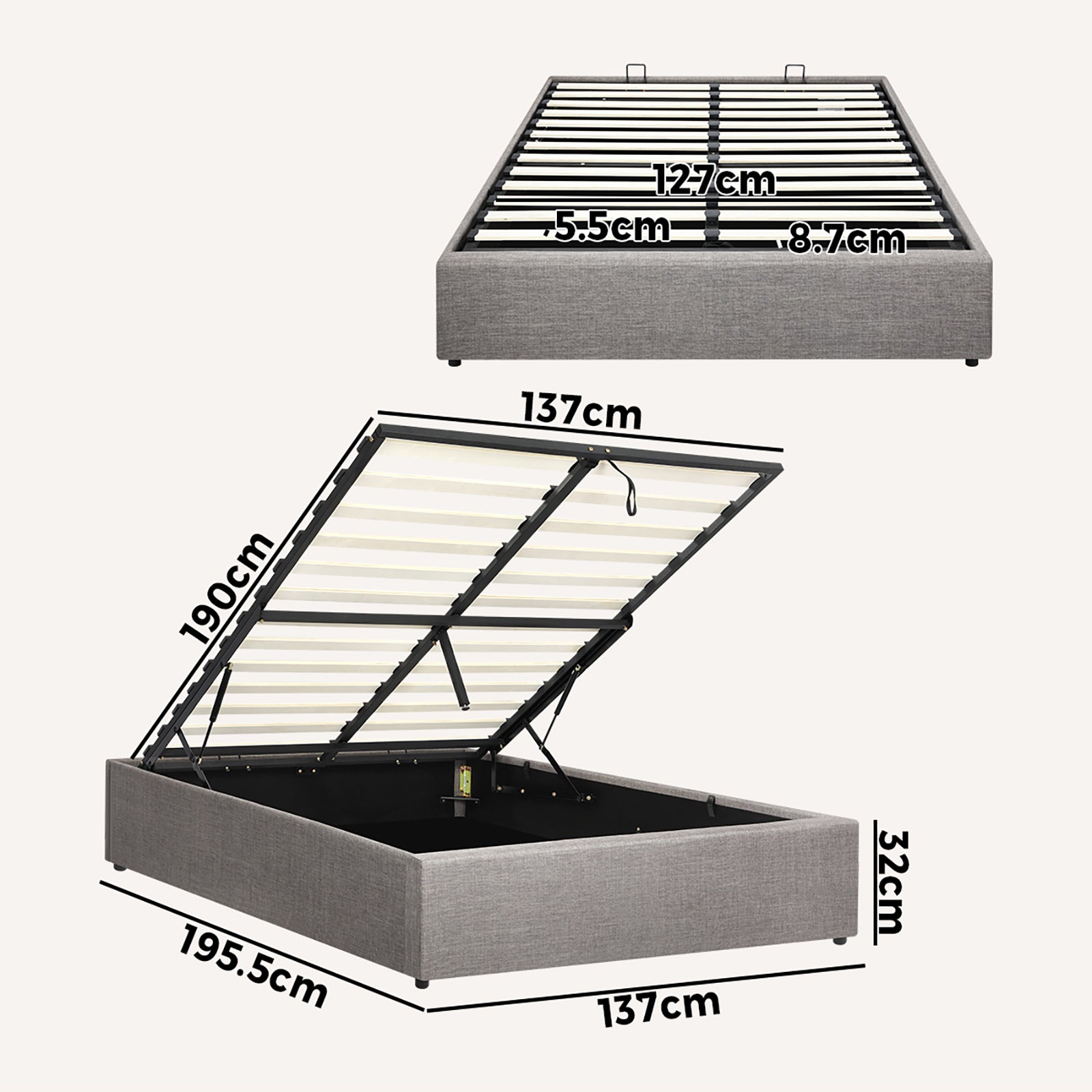 Oikiture Bed Frame Double Size Gas Lift Base With Storage Mattress Base Platform - Sunyee