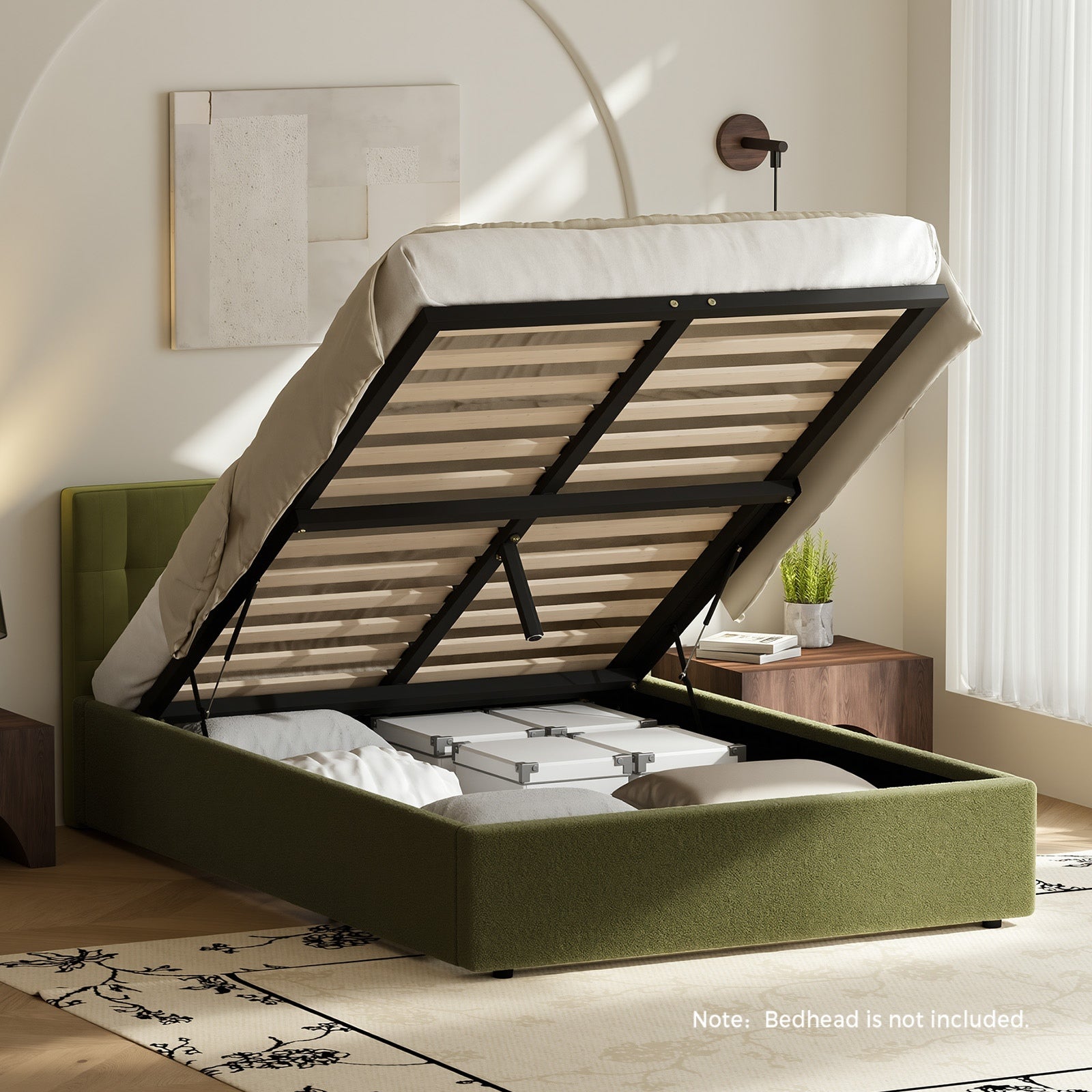 Oikiture Bed Frame King Single Size Gas Lift Base with Storage Boucle Green