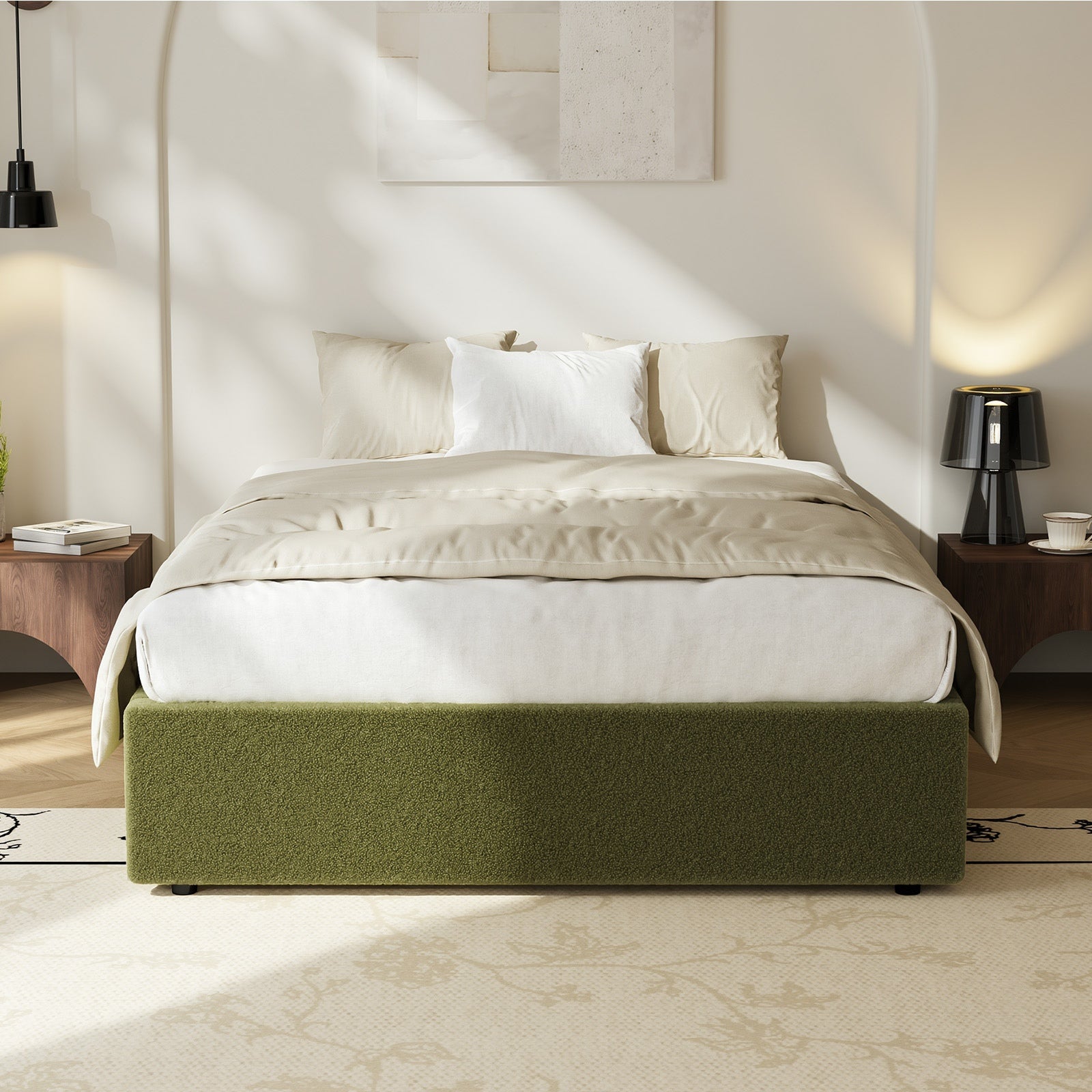 Oikiture Bed Frame King Single Size Gas Lift Base with Storage Boucle Green