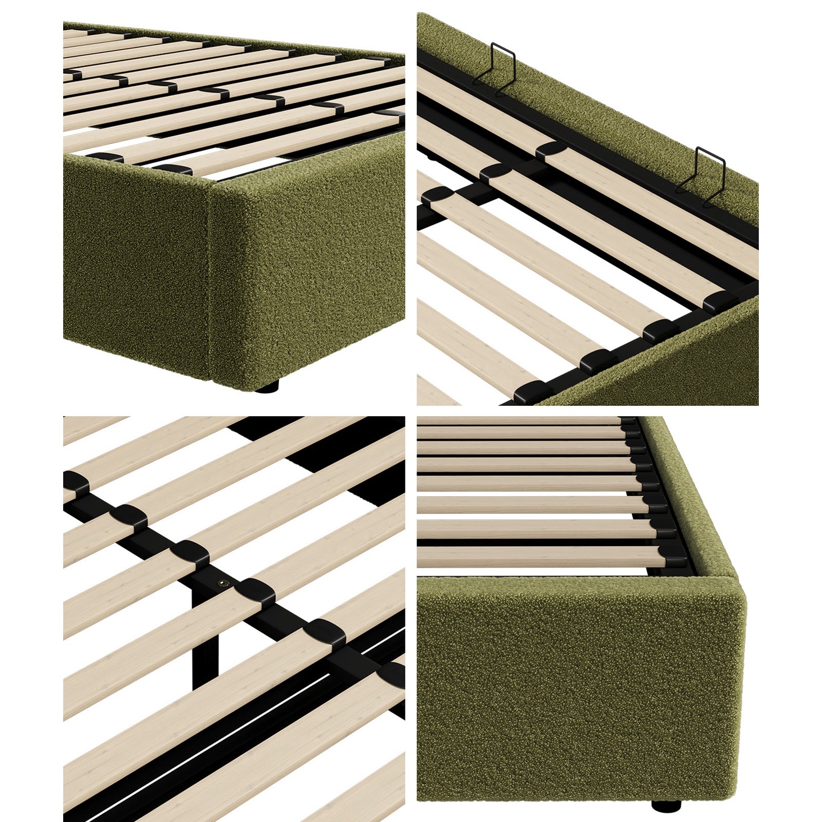 Oikiture Bed Frame King Single Size Gas Lift Base with Storage Boucle Green