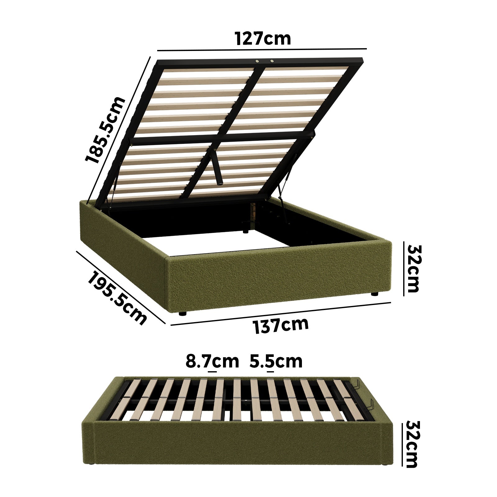 Oikiture Bed Frame King Single Size Gas Lift Base with Storage Boucle Green