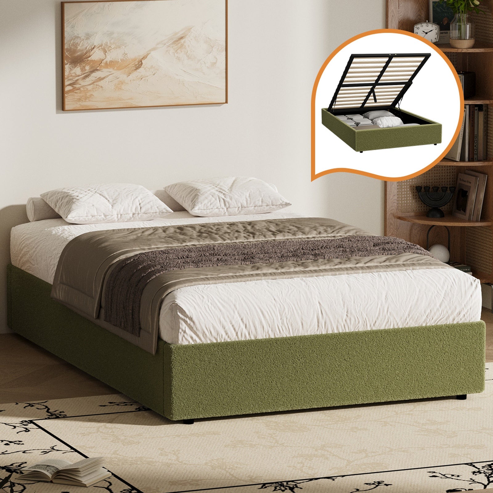 Oikiture Bed Frame King Single Size Gas Lift Base with Storage Boucle Green