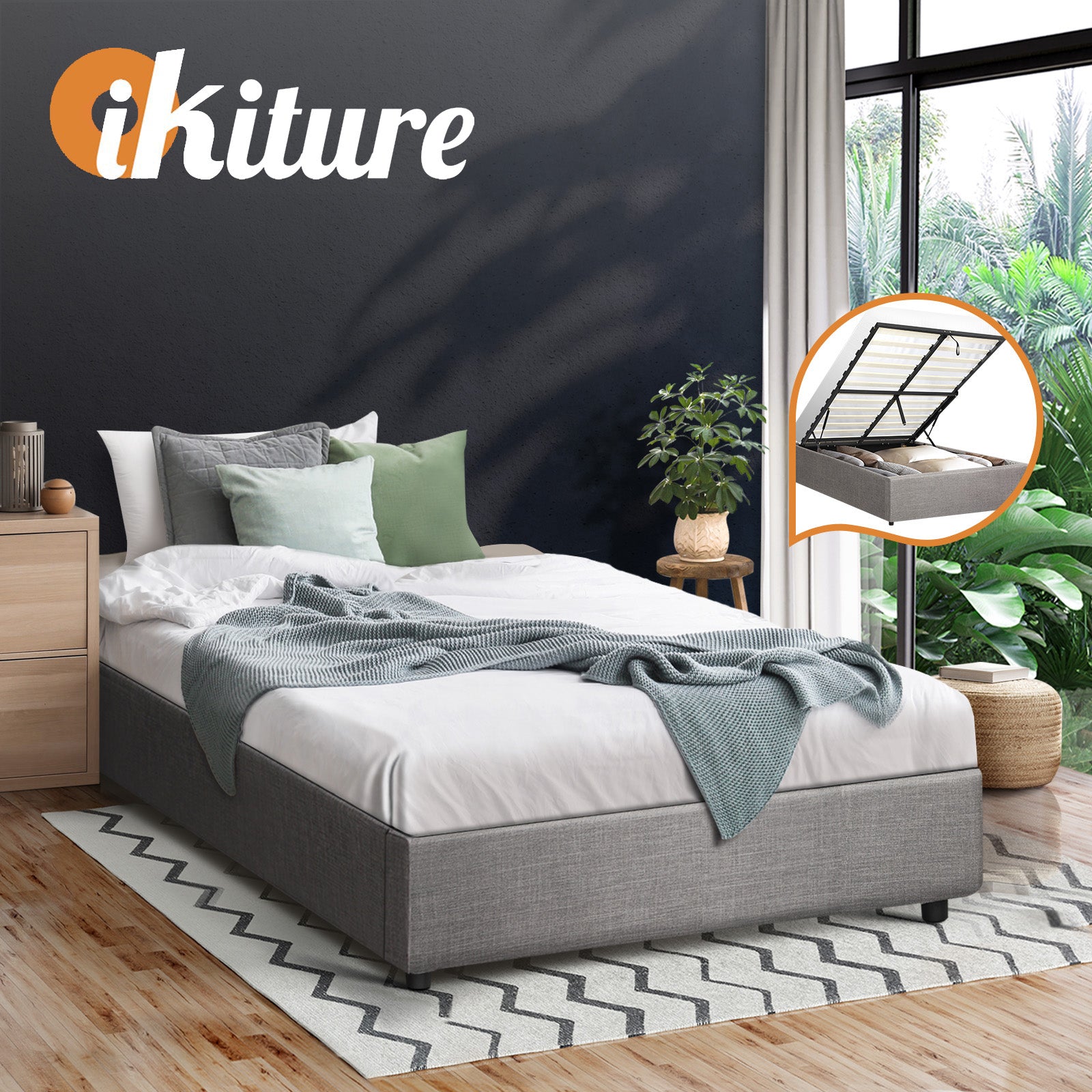 Oikiture Bed Frame Queen Double King Single Gas Lift Base With Storage Platform - Sunyee